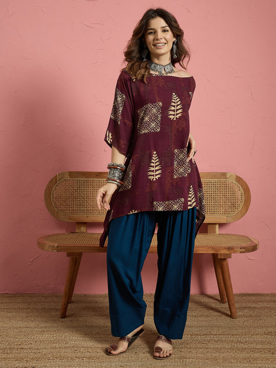 Wine Bloom Leaf Boat Neck Blue Salwar Set (To be dispatched in 7 -10 days)