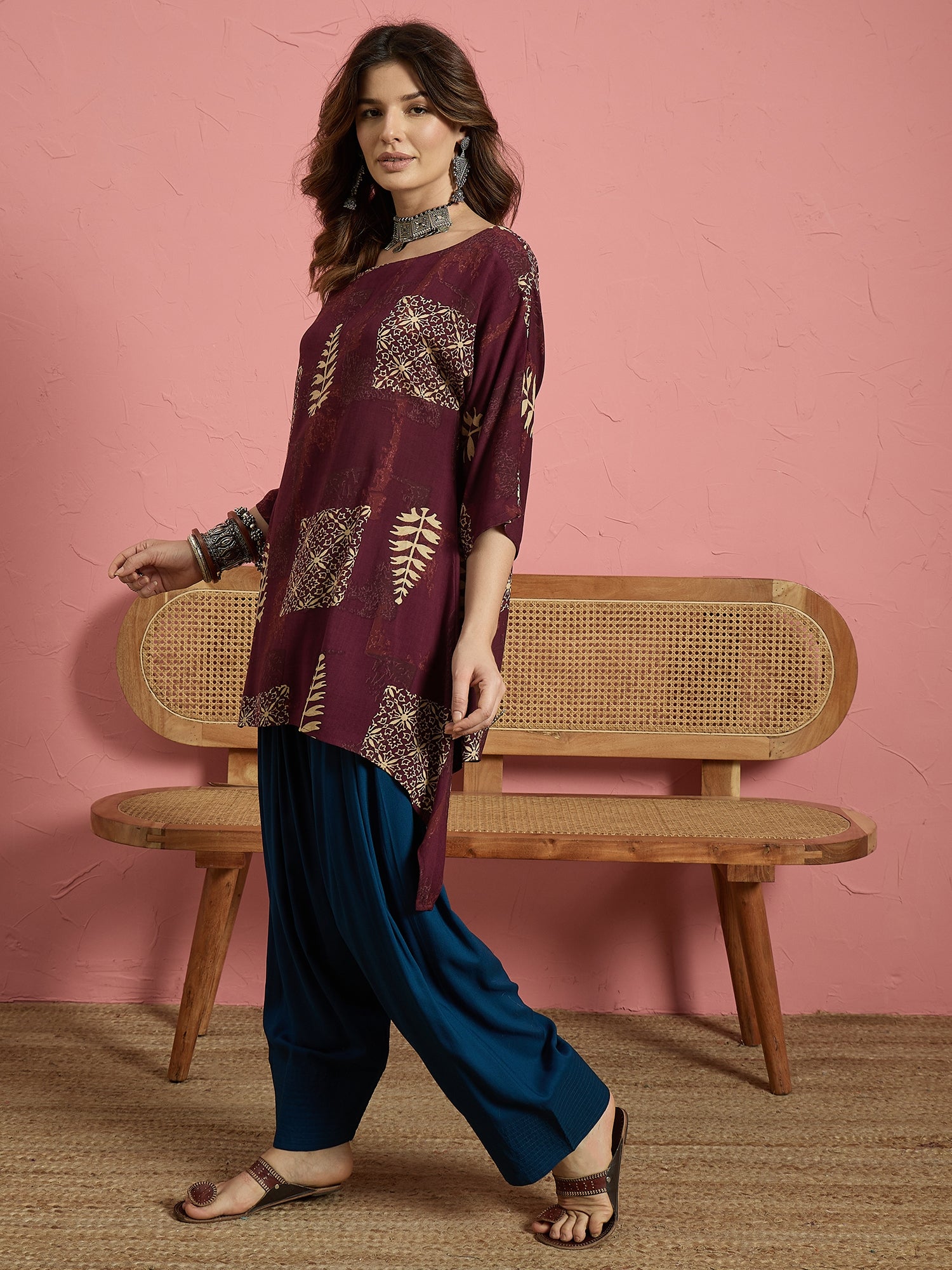 Wine Bloom Leaf Boat Neck Blue Salwar Set (To be dispatched in 7 -10 days)