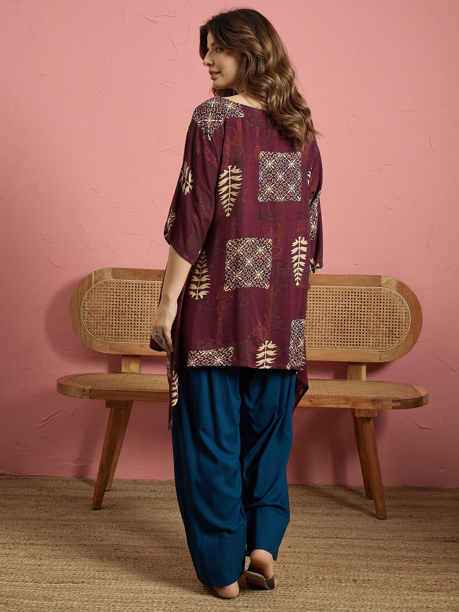 Wine Bloom Leaf Boat Neck Blue Salwar Set (To be dispatched in 7 -10 days)