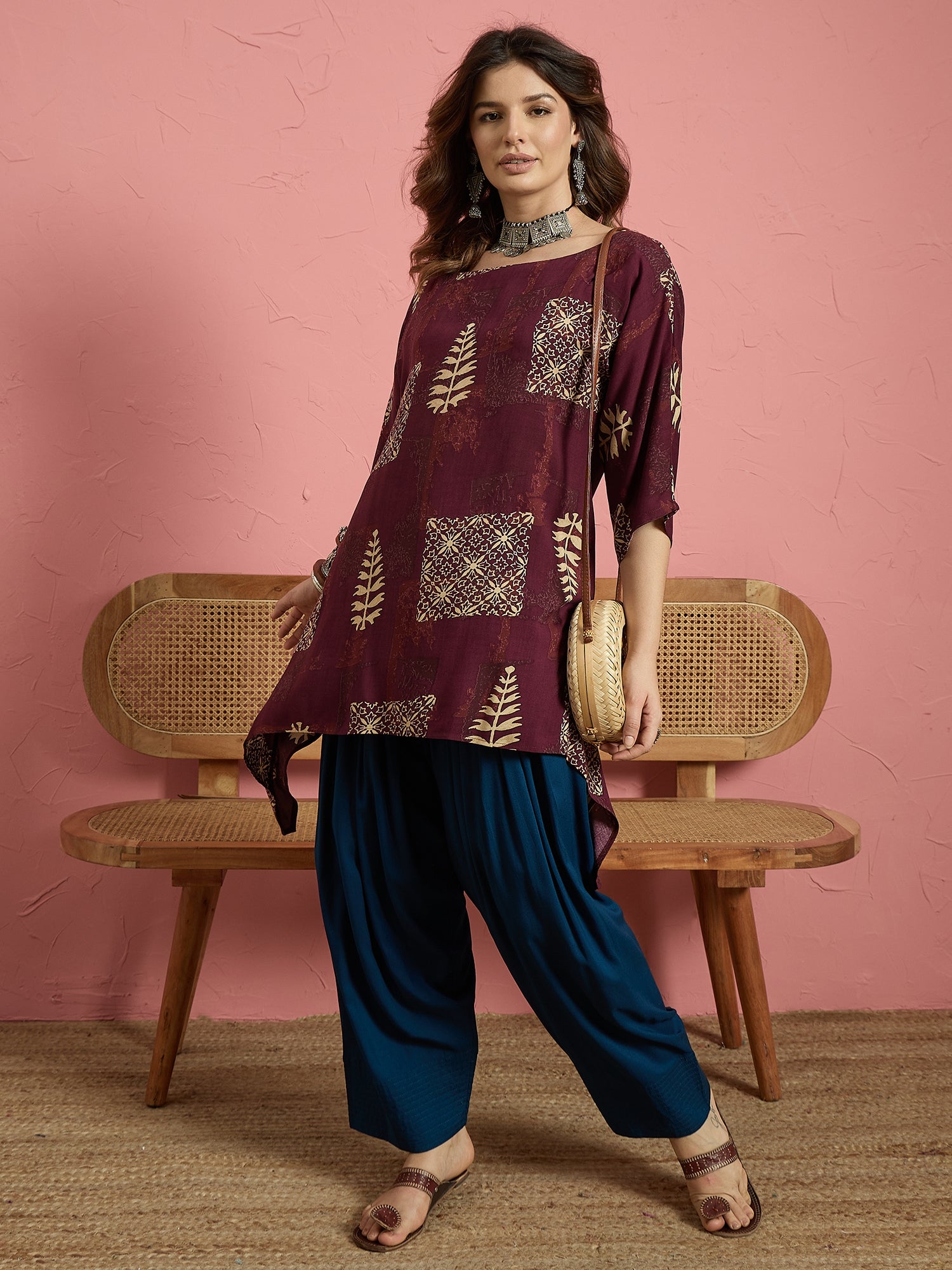 Wine Bloom Leaf Boat Neck Blue Salwar Set (To be dispatched in 7 -10 days)