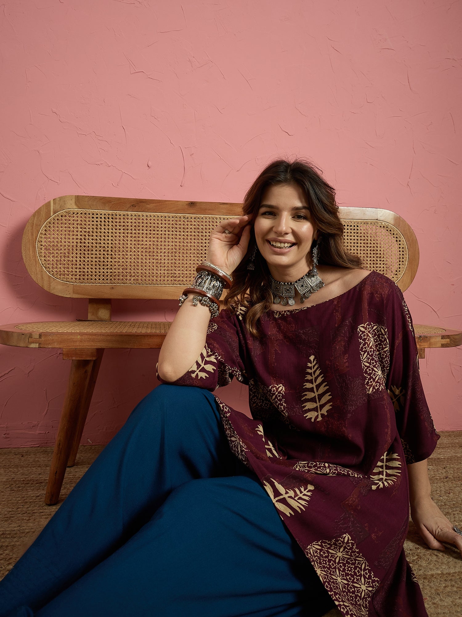 Wine Bloom Leaf Boat Neck Blue Salwar Set (To be dispatched in 7 -10 days)