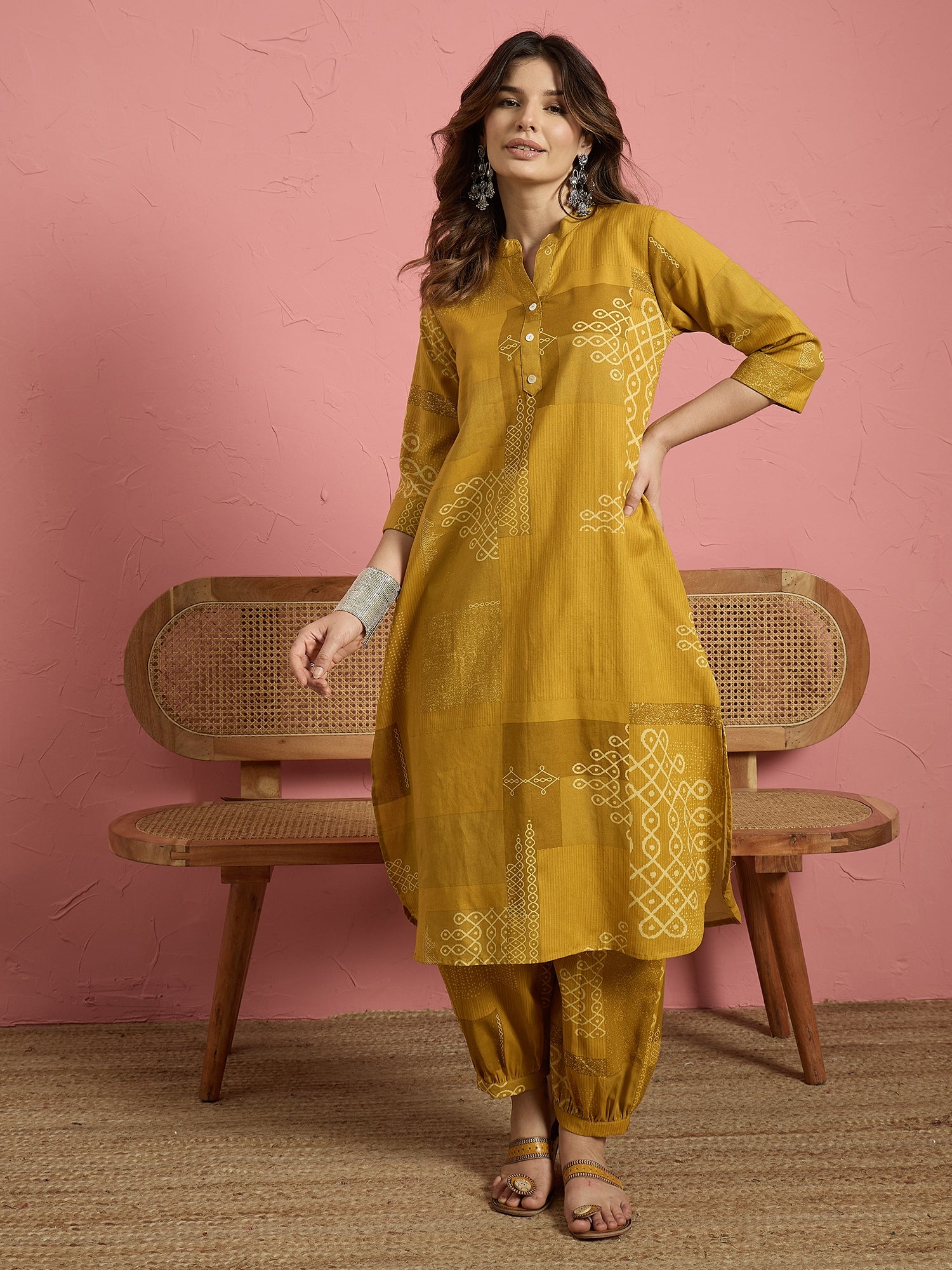 Mustard Geometry Button Afghani Set (To be dispatched in 7 -10 days)