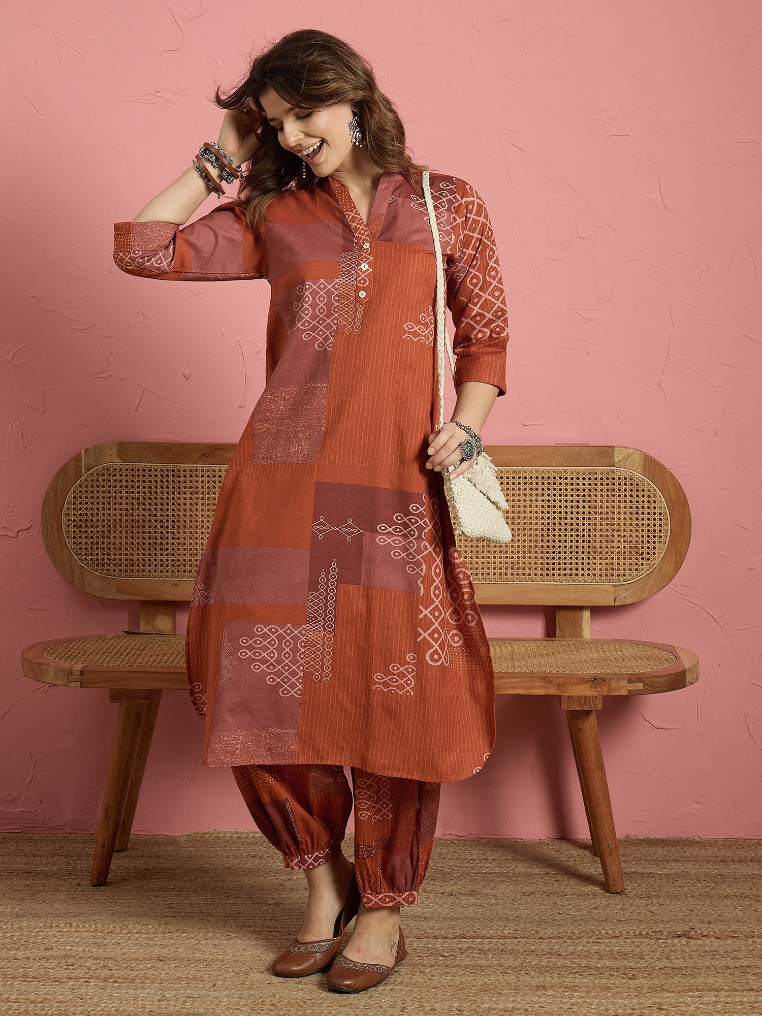 Rust Geometry Button Afghani Set (To be dispatched in 7 -10 days)