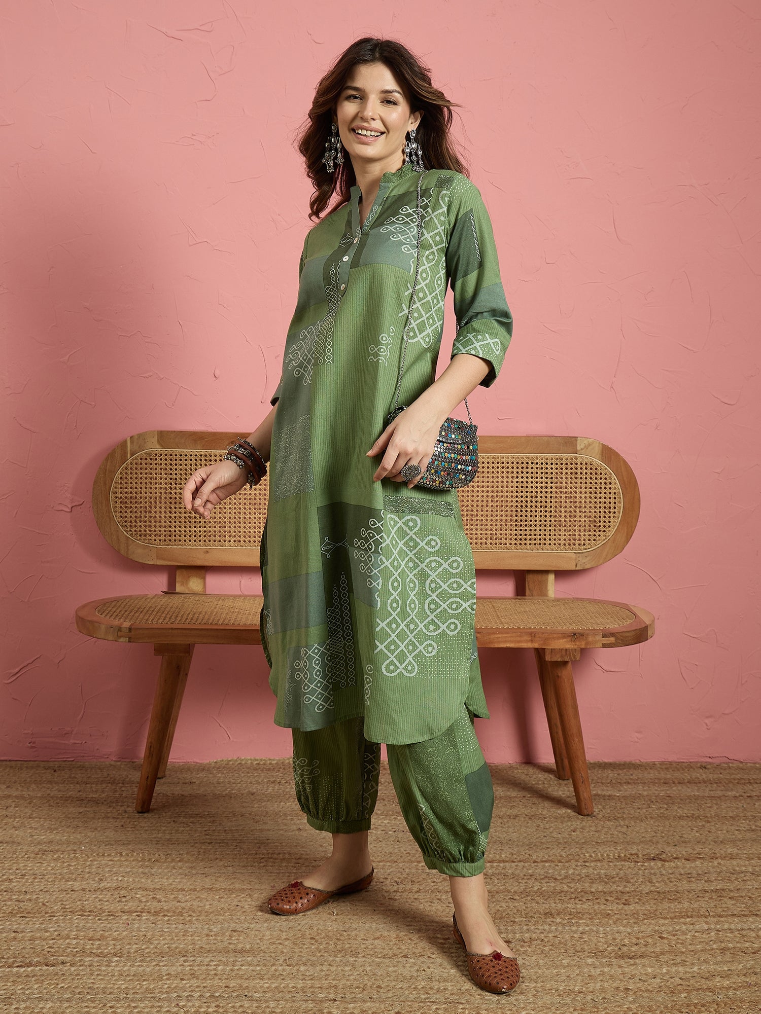 Green Geometry Button Afghani Set (To be dispatched in 7 -10 days)