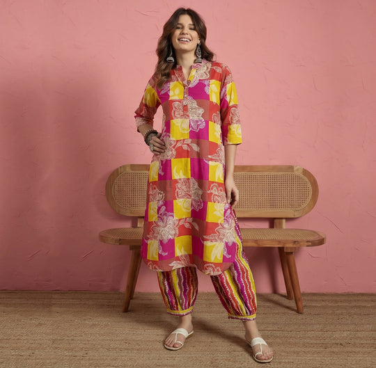 Multi Bright Print Kurta Afghani Set (To be dispatched in 7 -10 days)