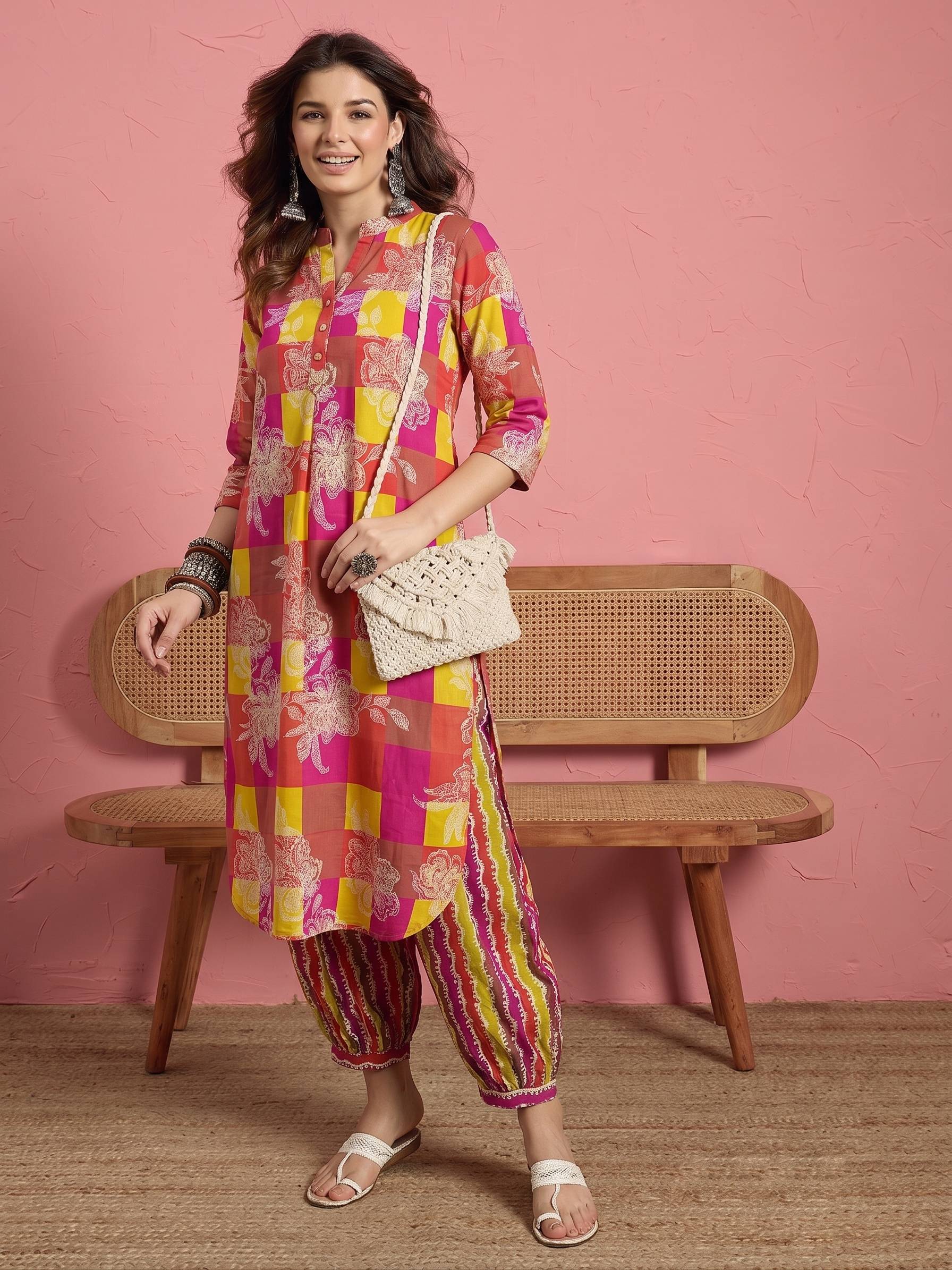 Multi Bright Print Kurta Afghani Set (To be dispatched in 7 -10 days)