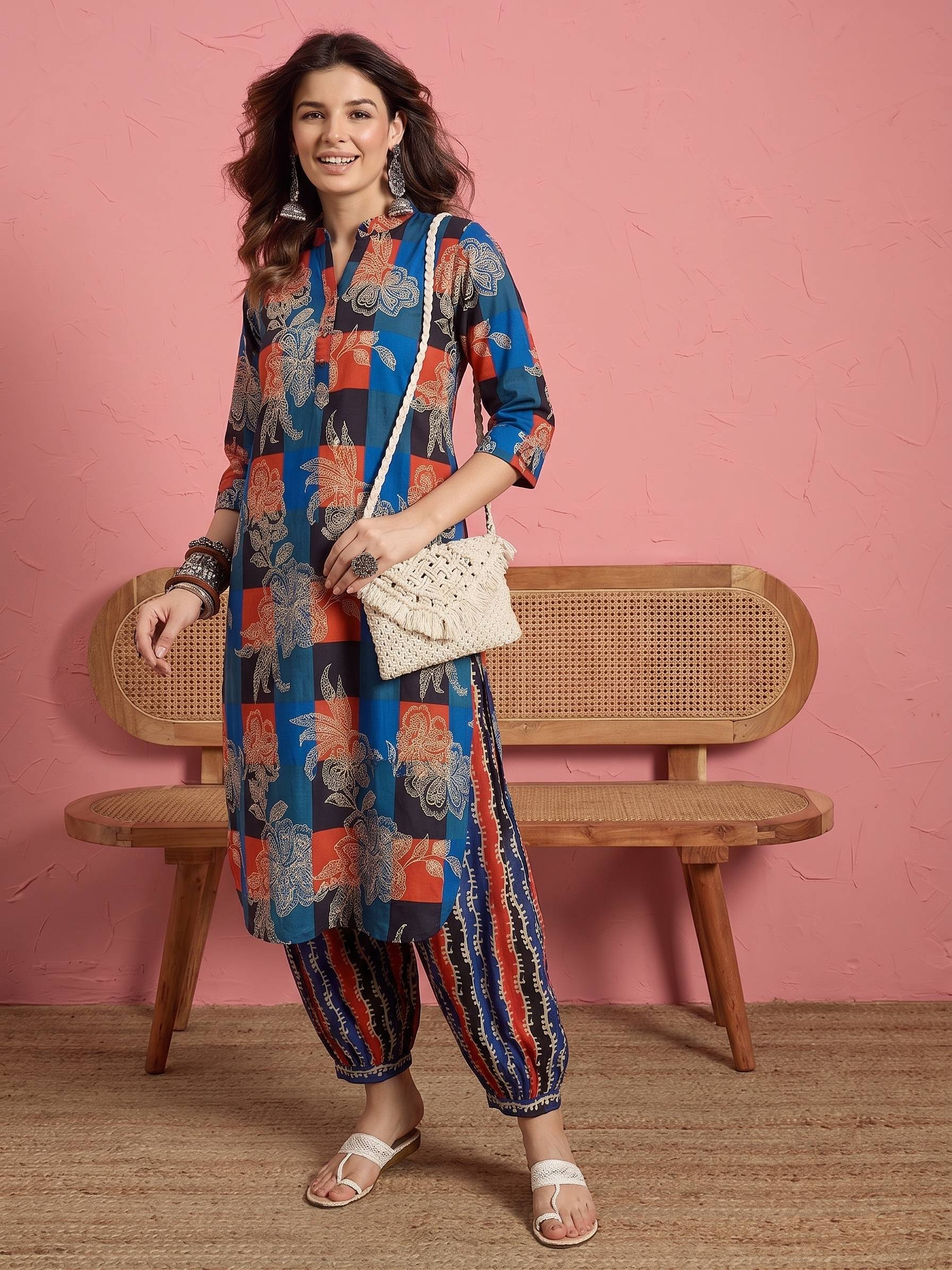 Multi Dark Print Kurta Afghani Set (To be dispatched in 7 -10 days)