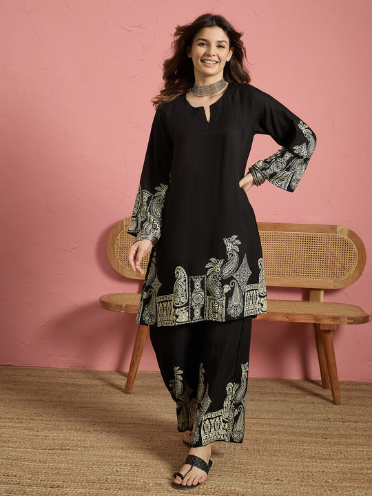 Black Solid Border Long Sleeve Kurta Set (To be dispatched in 7 -10 days)