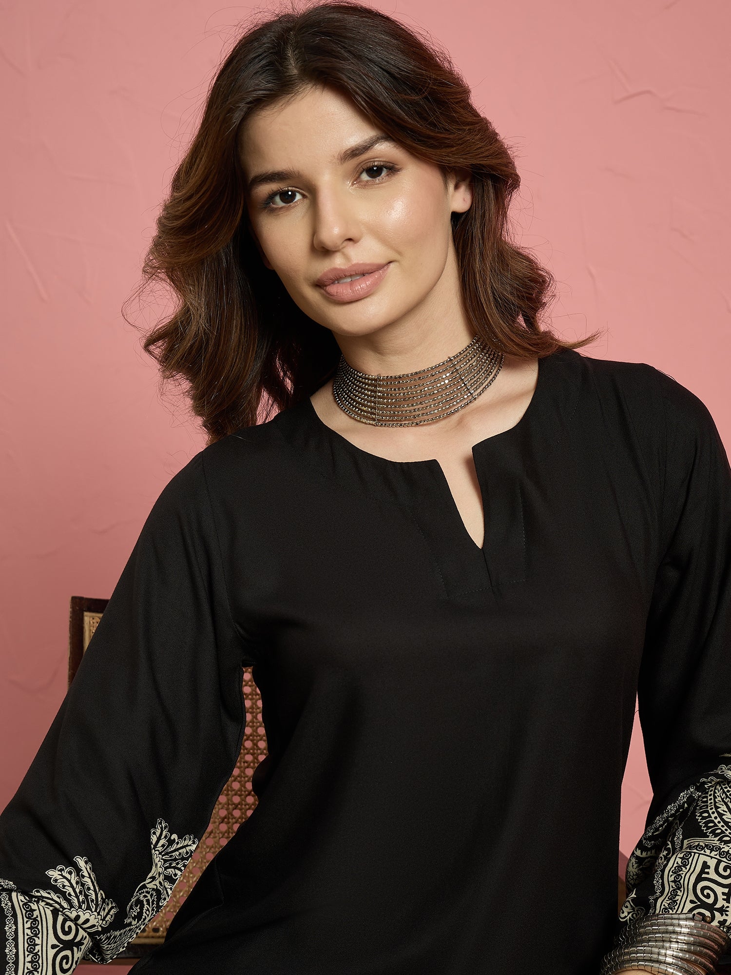 Black Solid Border Long Sleeve Kurta Set (To be dispatched in 7 -10 days)
