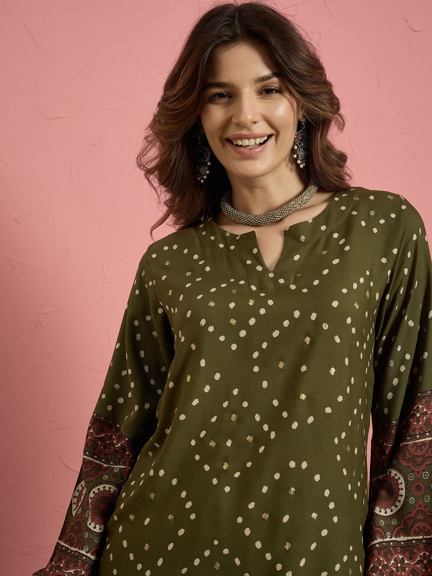 Green Dot Border Long Sleeve Kurta Set (To be dispatched in 7 -10 days)