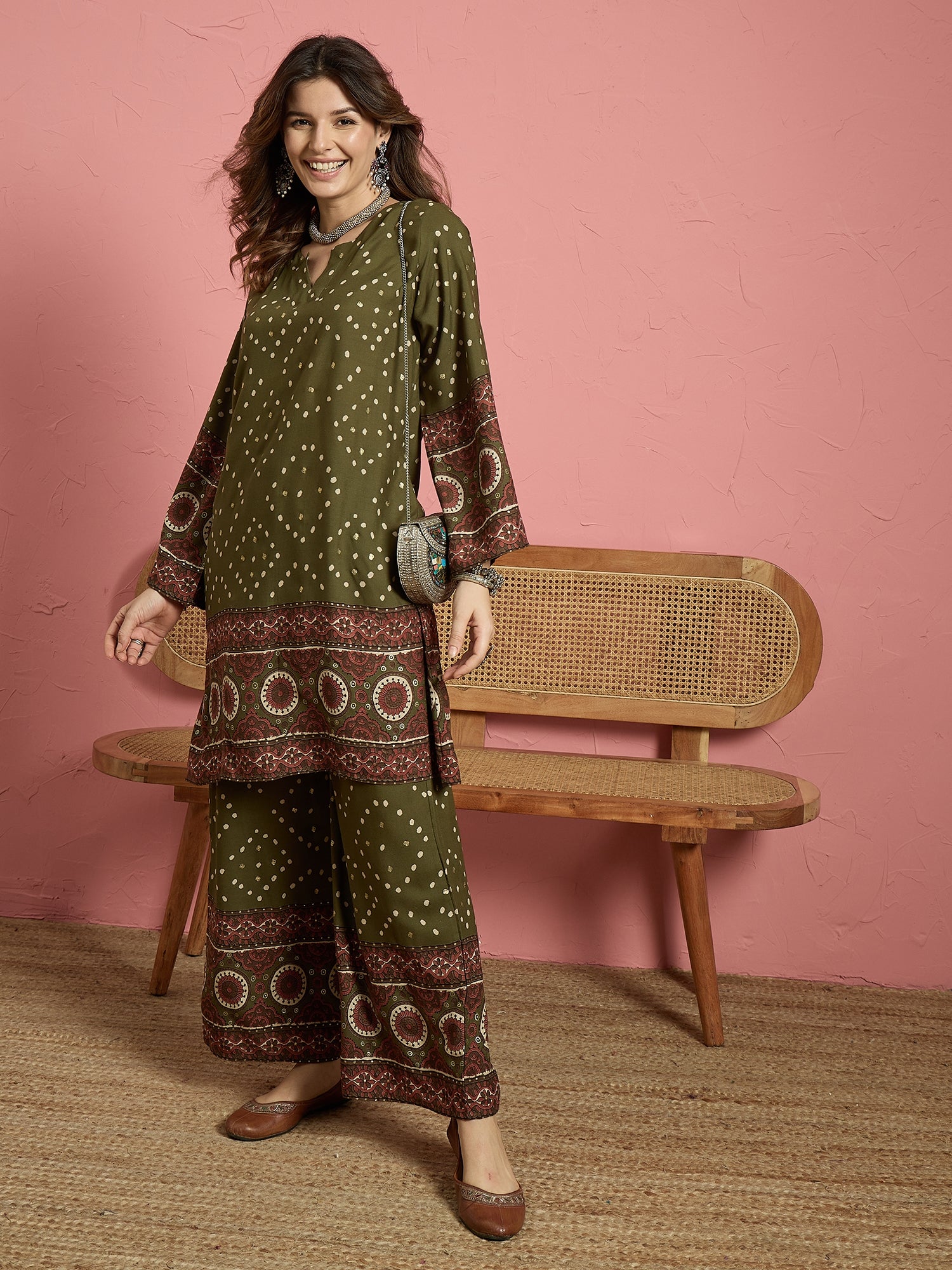 Green Dot Border Long Sleeve Kurta Set (To be dispatched in 7 -10 days)