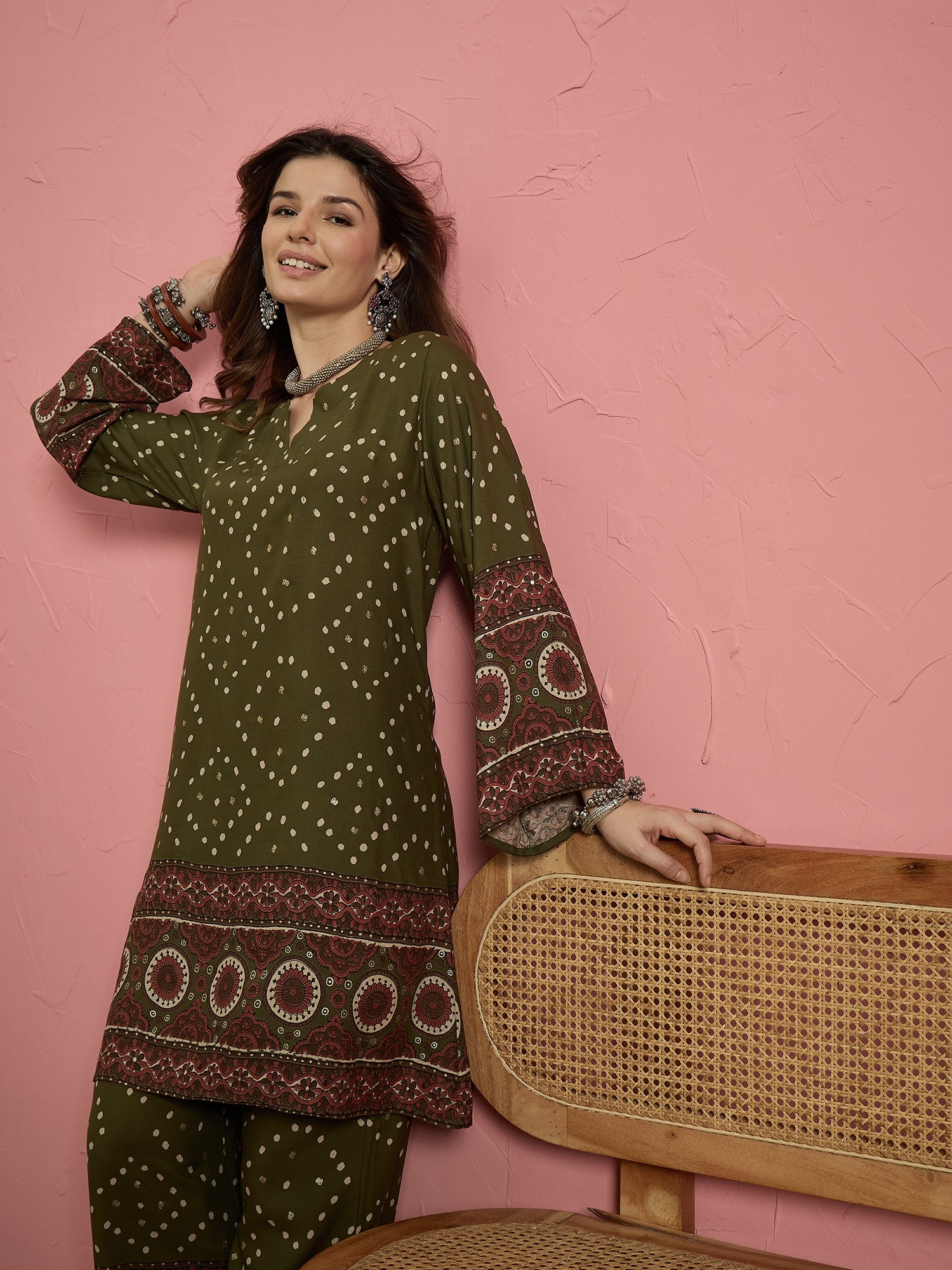 Green Dot Border Long Sleeve Kurta Set (To be dispatched in 7 -10 days)