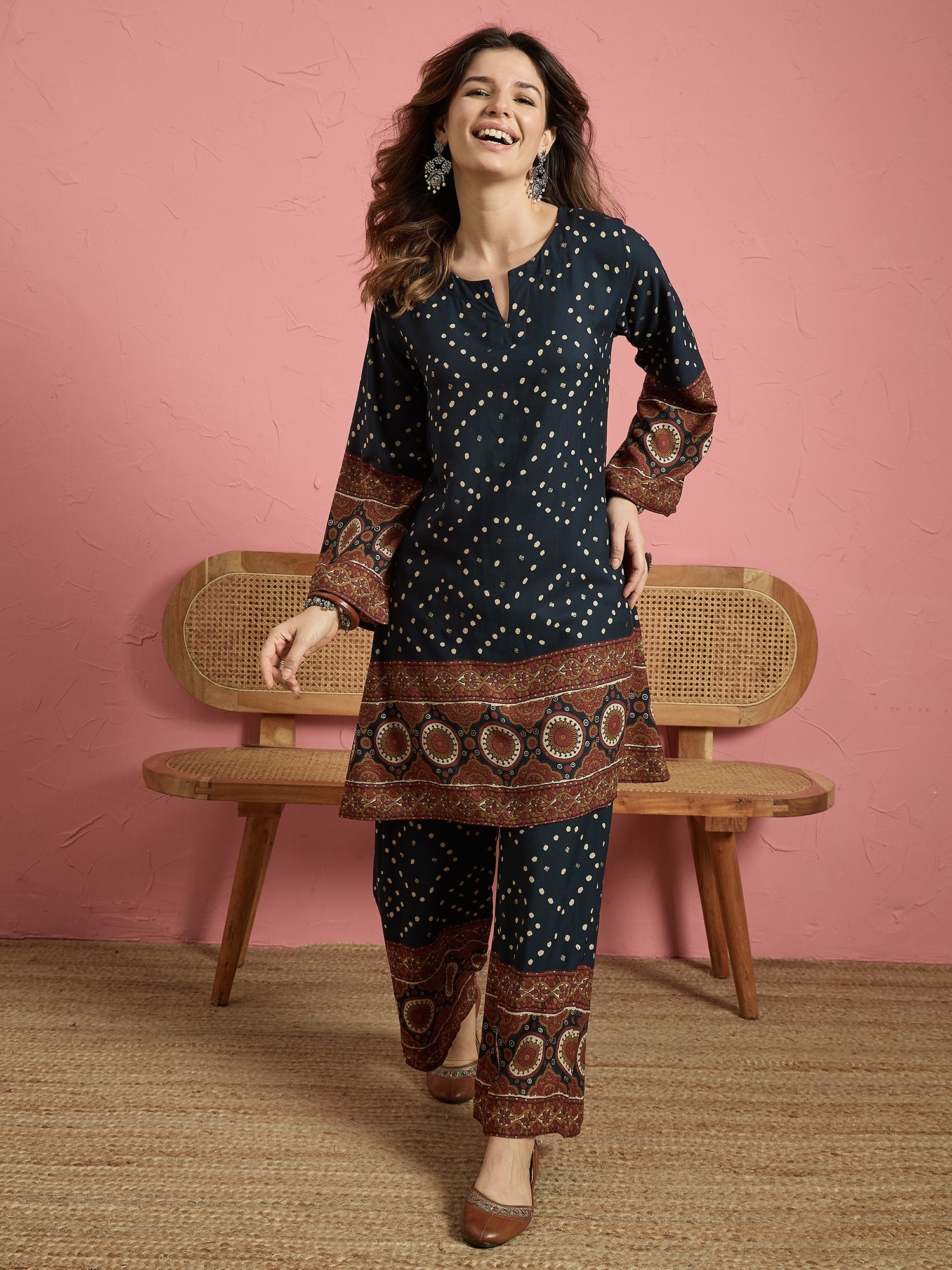 Teal Dot Border Long Sleeve Kurta Set (To be dispatched in 7 -10 days)