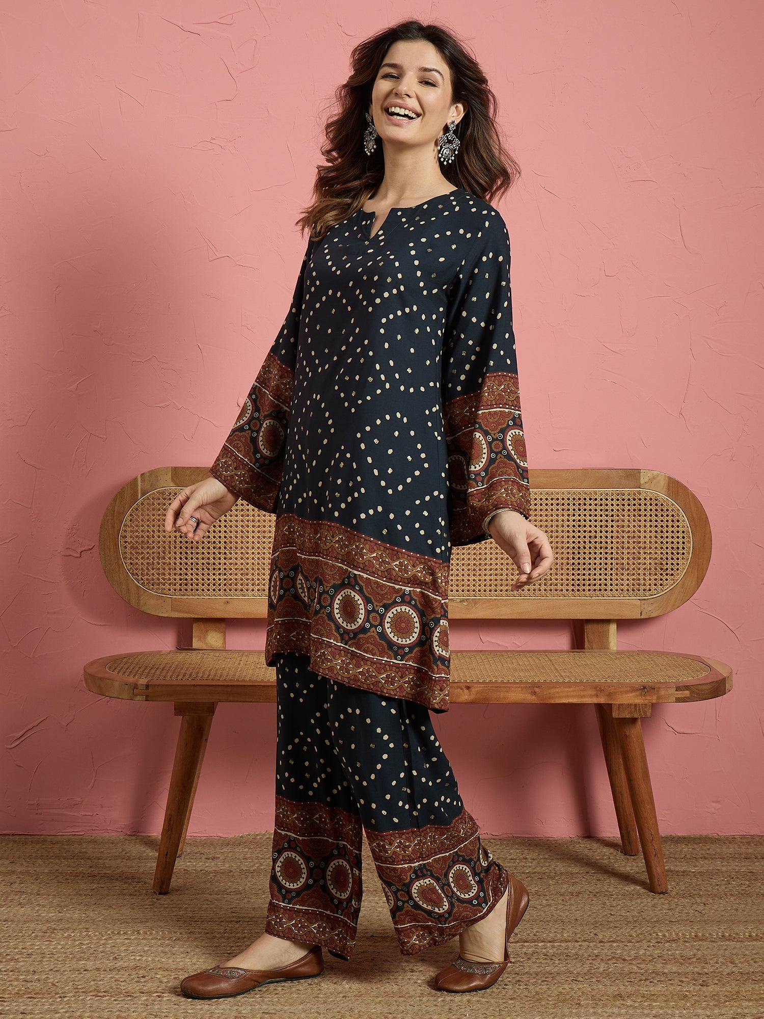 Teal Dot Border Long Sleeve Kurta Set (To be dispatched in 7 -10 days)