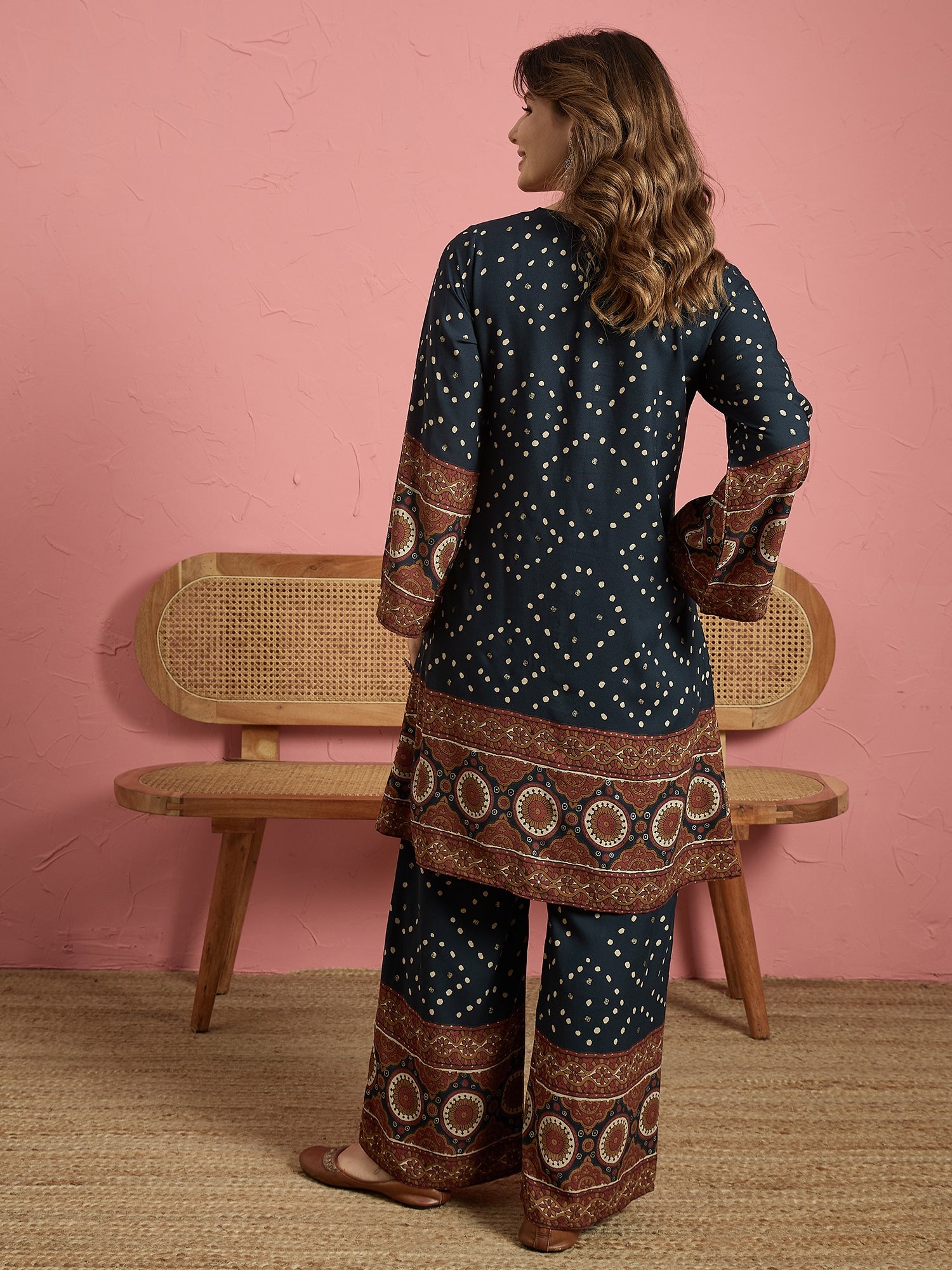 Teal Dot Border Long Sleeve Kurta Set (To be dispatched in 7 -10 days)