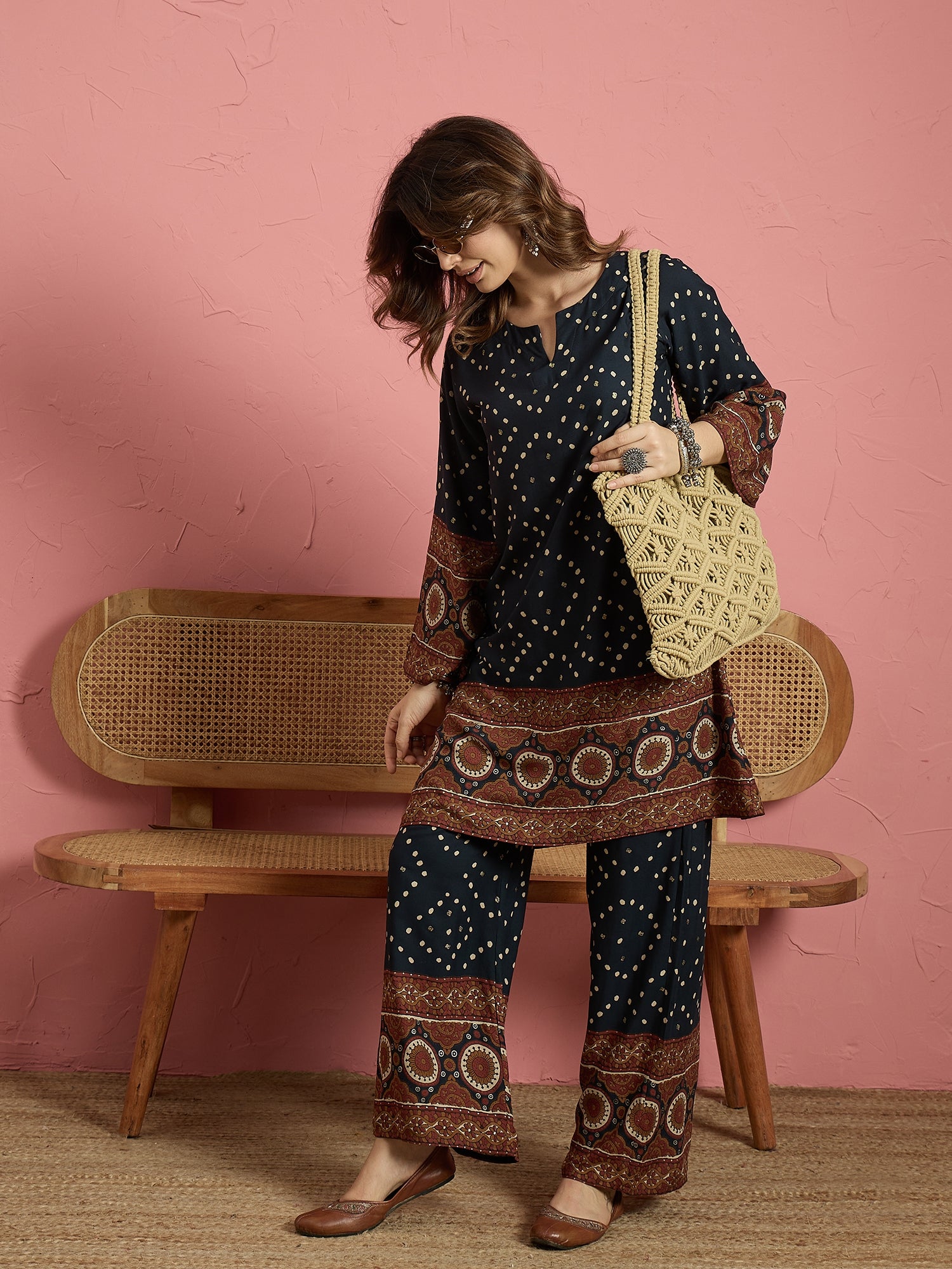 Teal Dot Border Long Sleeve Kurta Set (To be dispatched in 7 -10 days)
