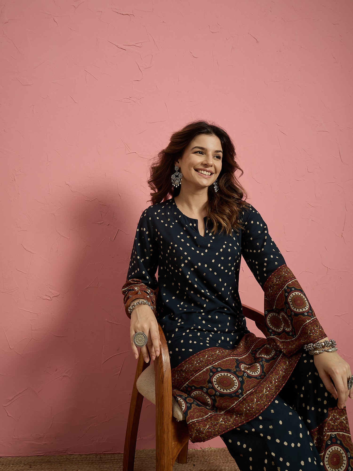 Teal Dot Border Long Sleeve Kurta Set (To be dispatched in 7 -10 days)