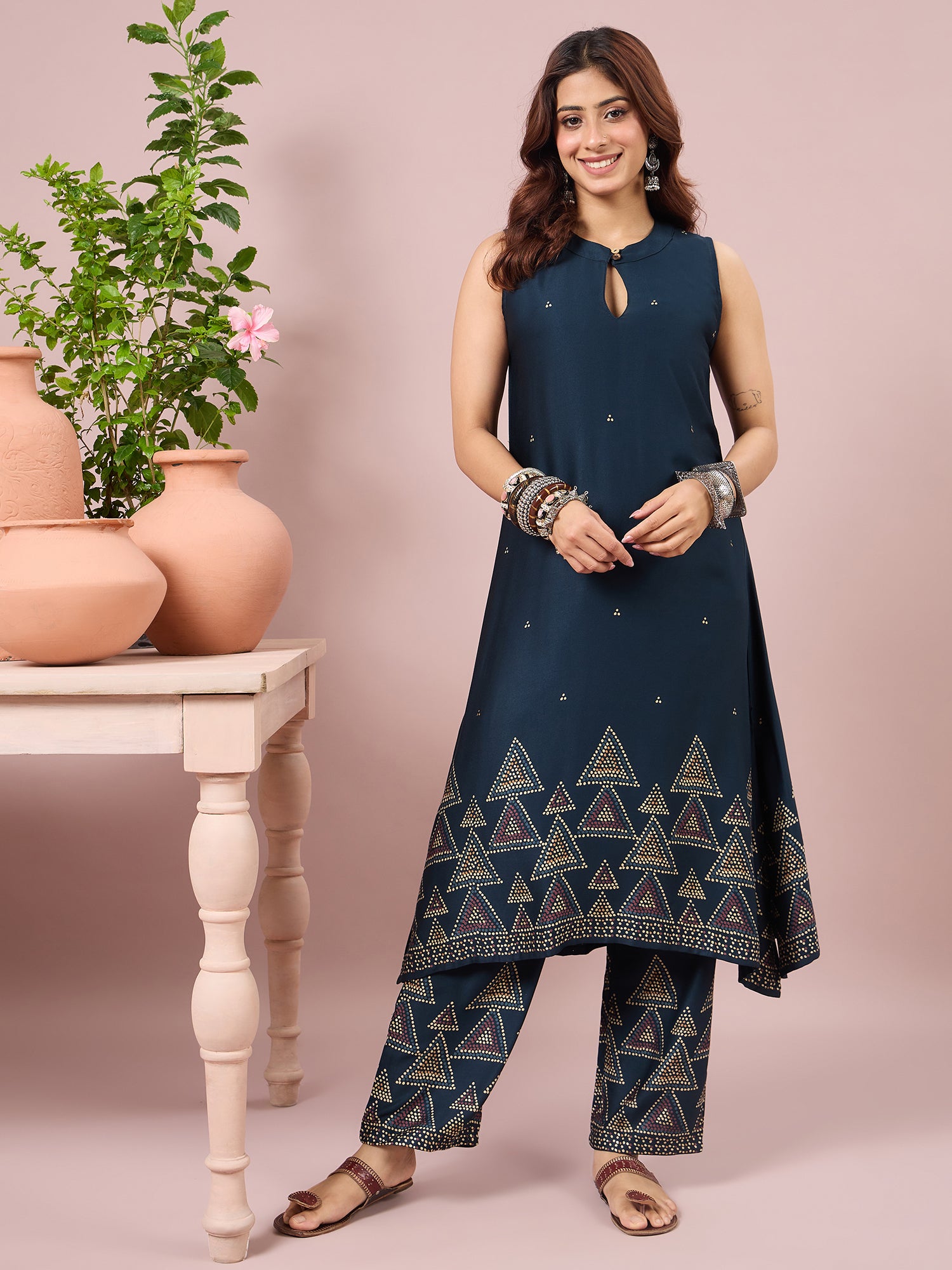 Teal Dot Border A-Line Kurta Set (To be dispatched in 7 -10 days)