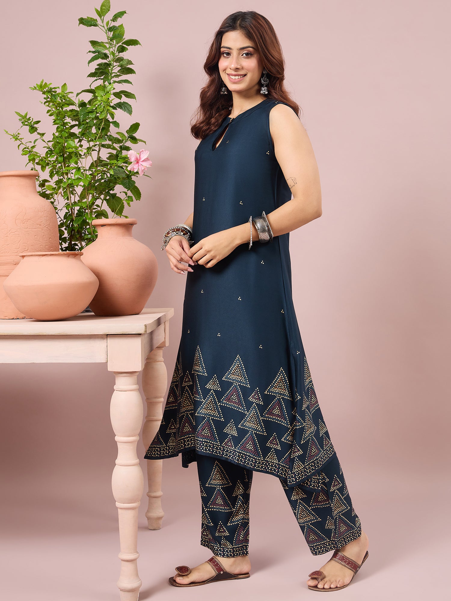 Teal Dot Border A-Line Kurta Set (To be dispatched in 7 -10 days)