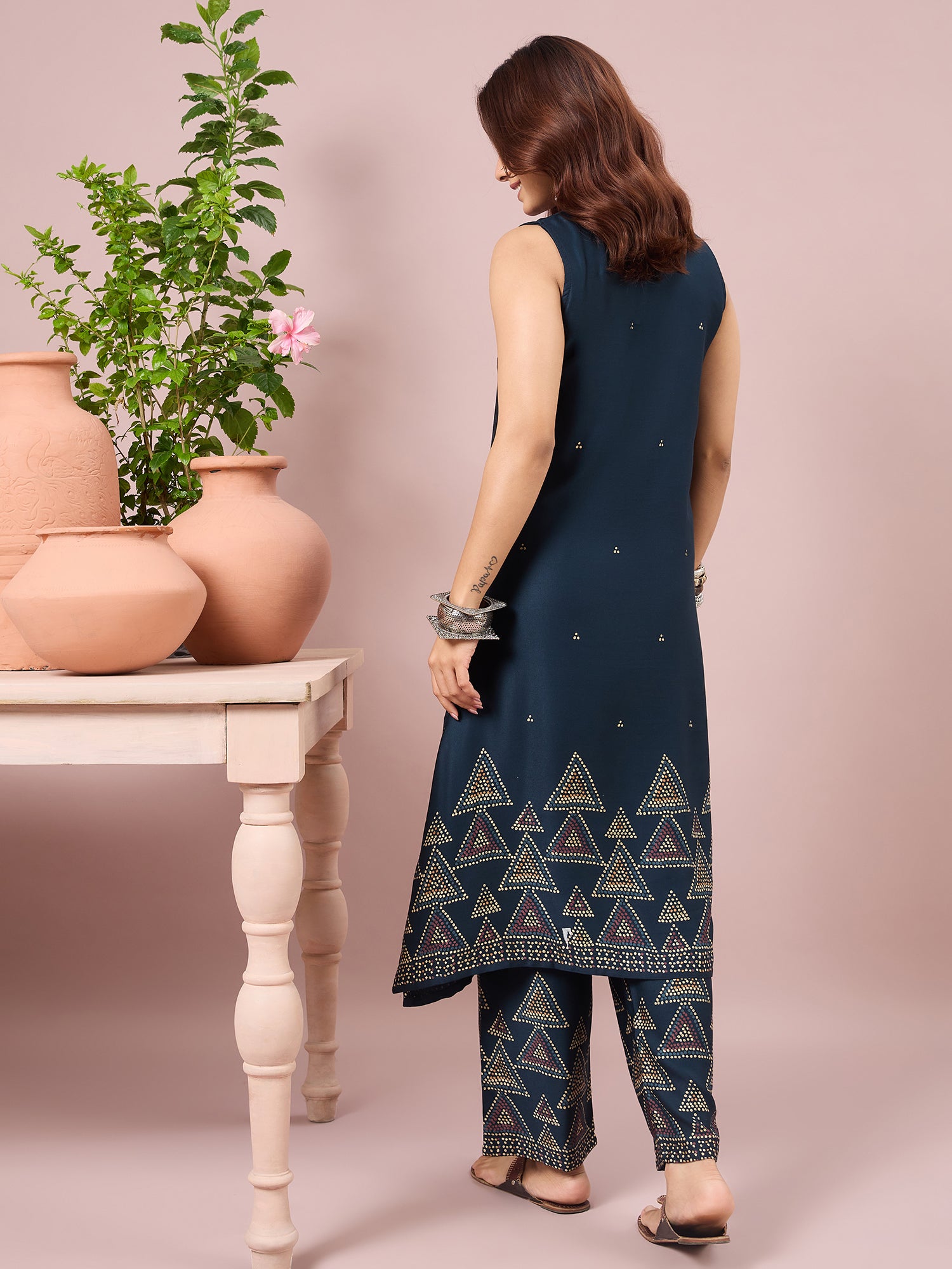 Teal Dot Border A-Line Kurta Set (To be dispatched in 7 -10 days)