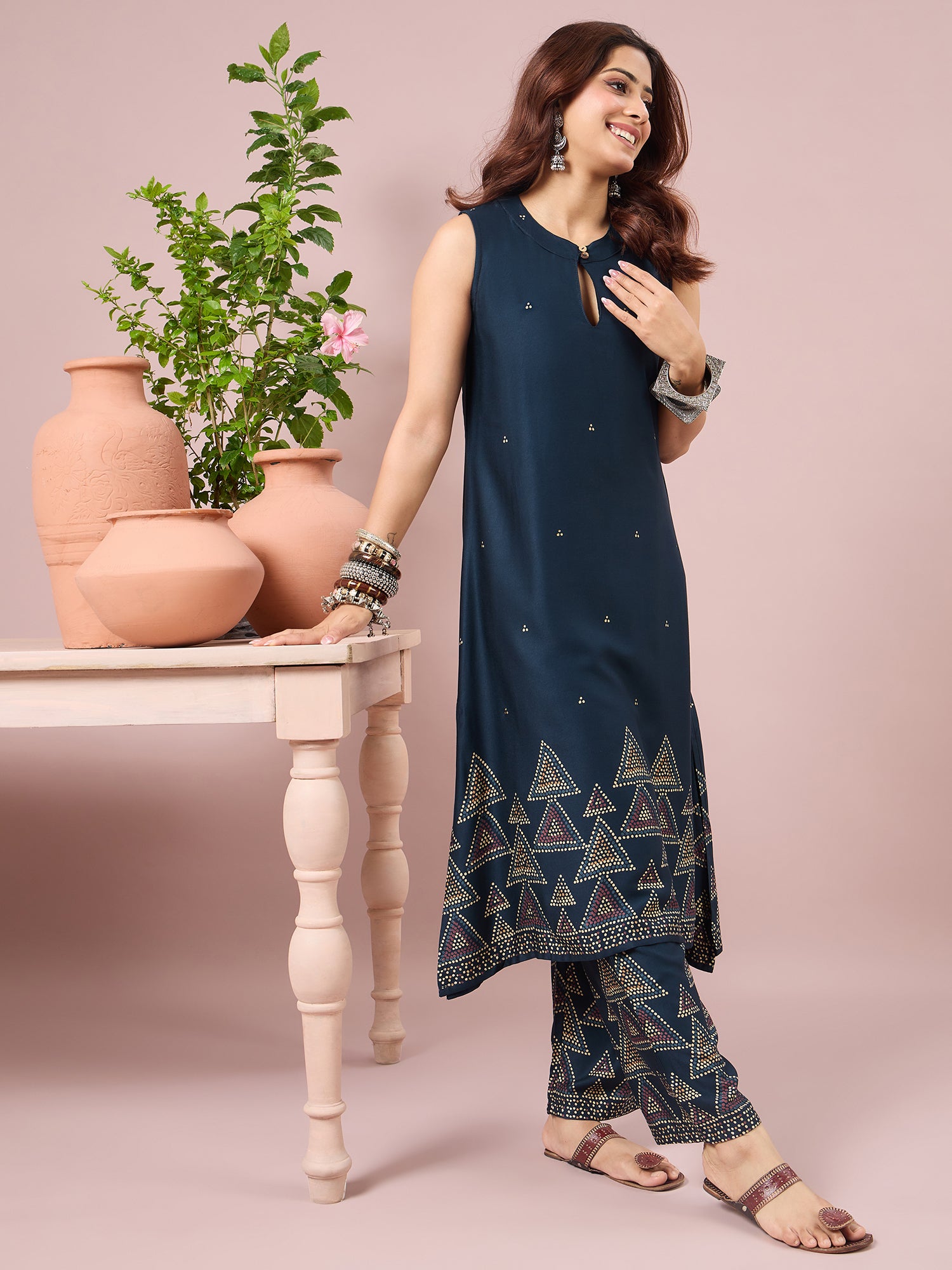 Teal Dot Border A-Line Kurta Set (To be dispatched in 7 -10 days)