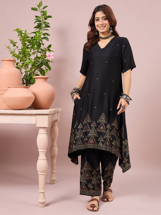 Black Dot Border A-Line Kurta Set (To be dispatched in 7 -10 days)