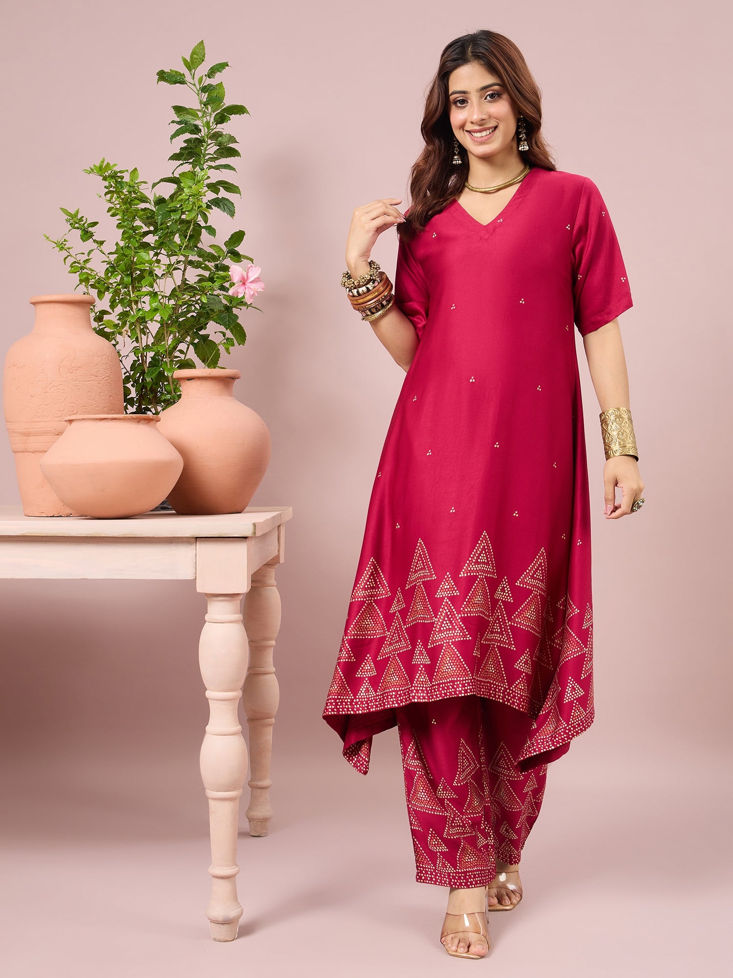 Magenta Dot Border A-Line Kurta Set (To be dispatched in 7 -10 days)