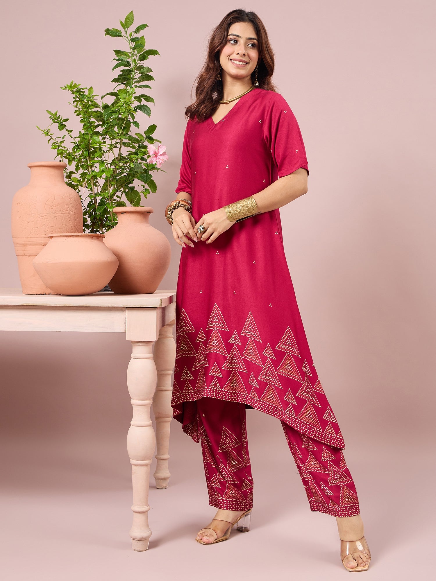 Magenta Dot Border A-Line Kurta Set (To be dispatched in 7 -10 days)