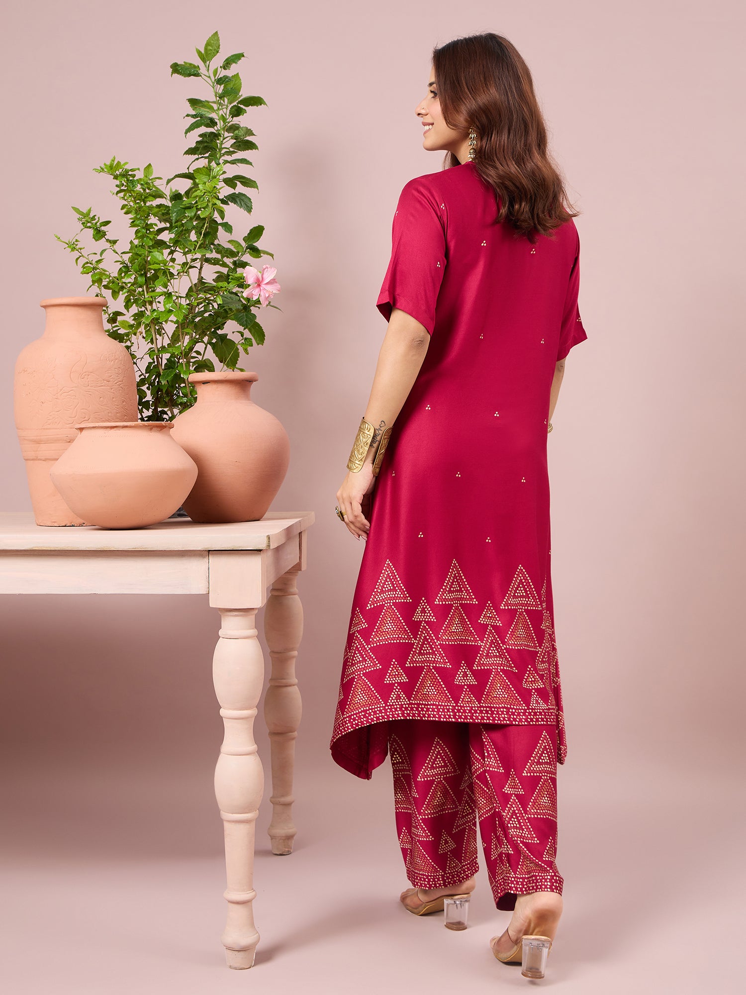 Magenta Dot Border A-Line Kurta Set (To be dispatched in 7 -10 days)