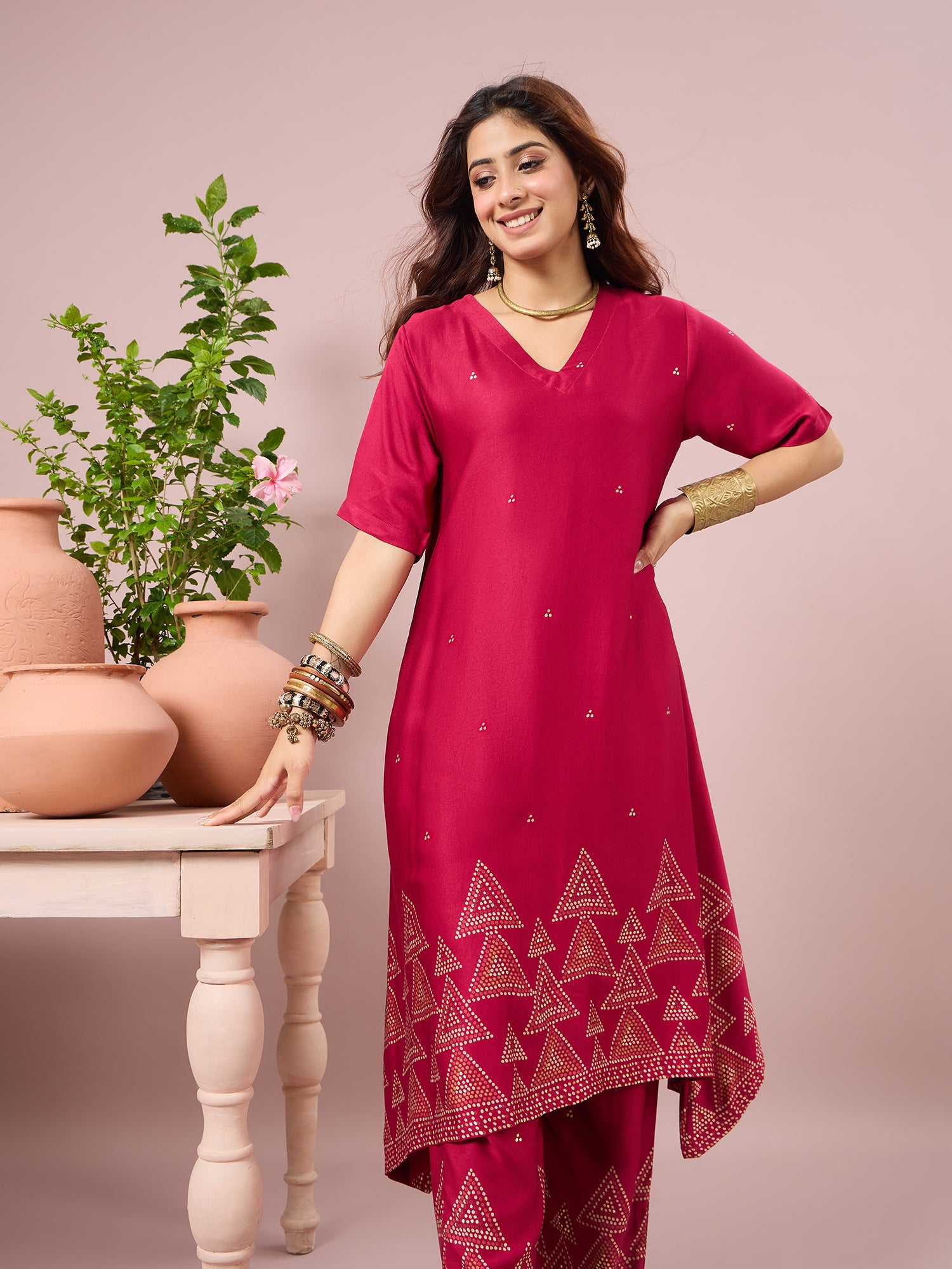 Magenta Dot Border A-Line Kurta Set (To be dispatched in 7 -10 days)