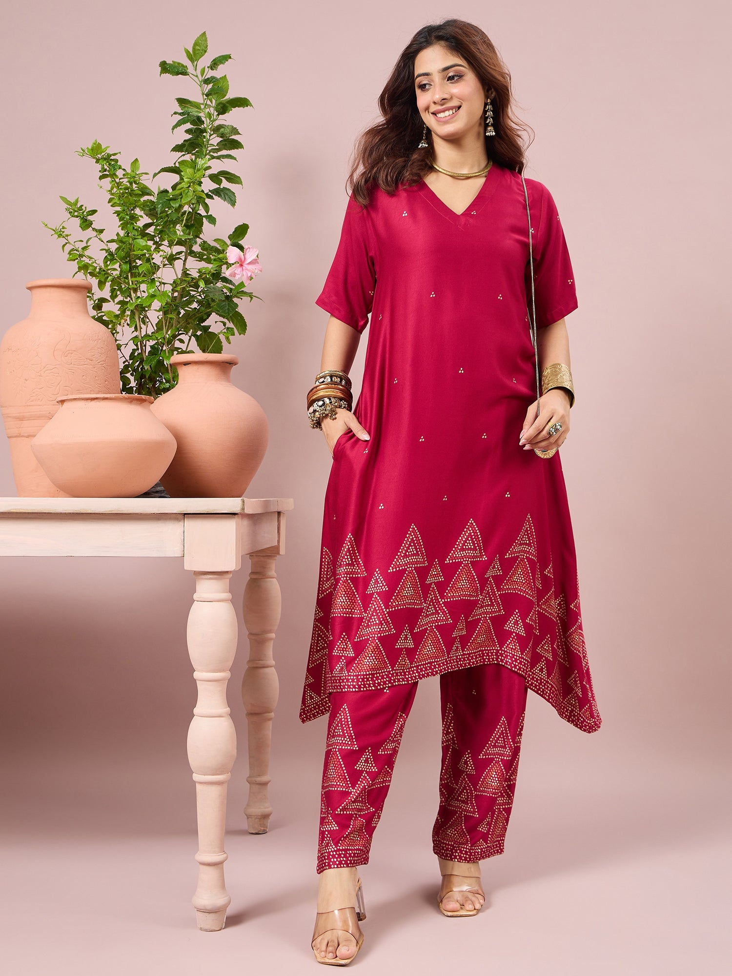 Magenta Dot Border A-Line Kurta Set (To be dispatched in 7 -10 days)