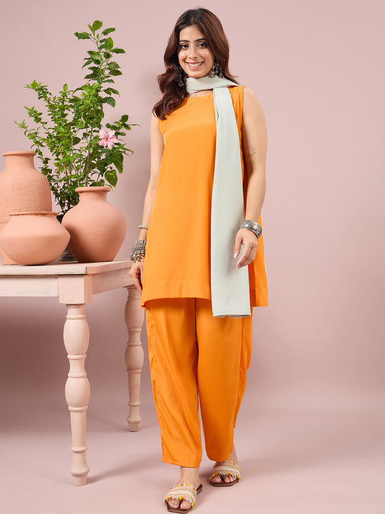 Orange Crepe Coord Mint Stole Set (To be dispatched in 7 -10 days)