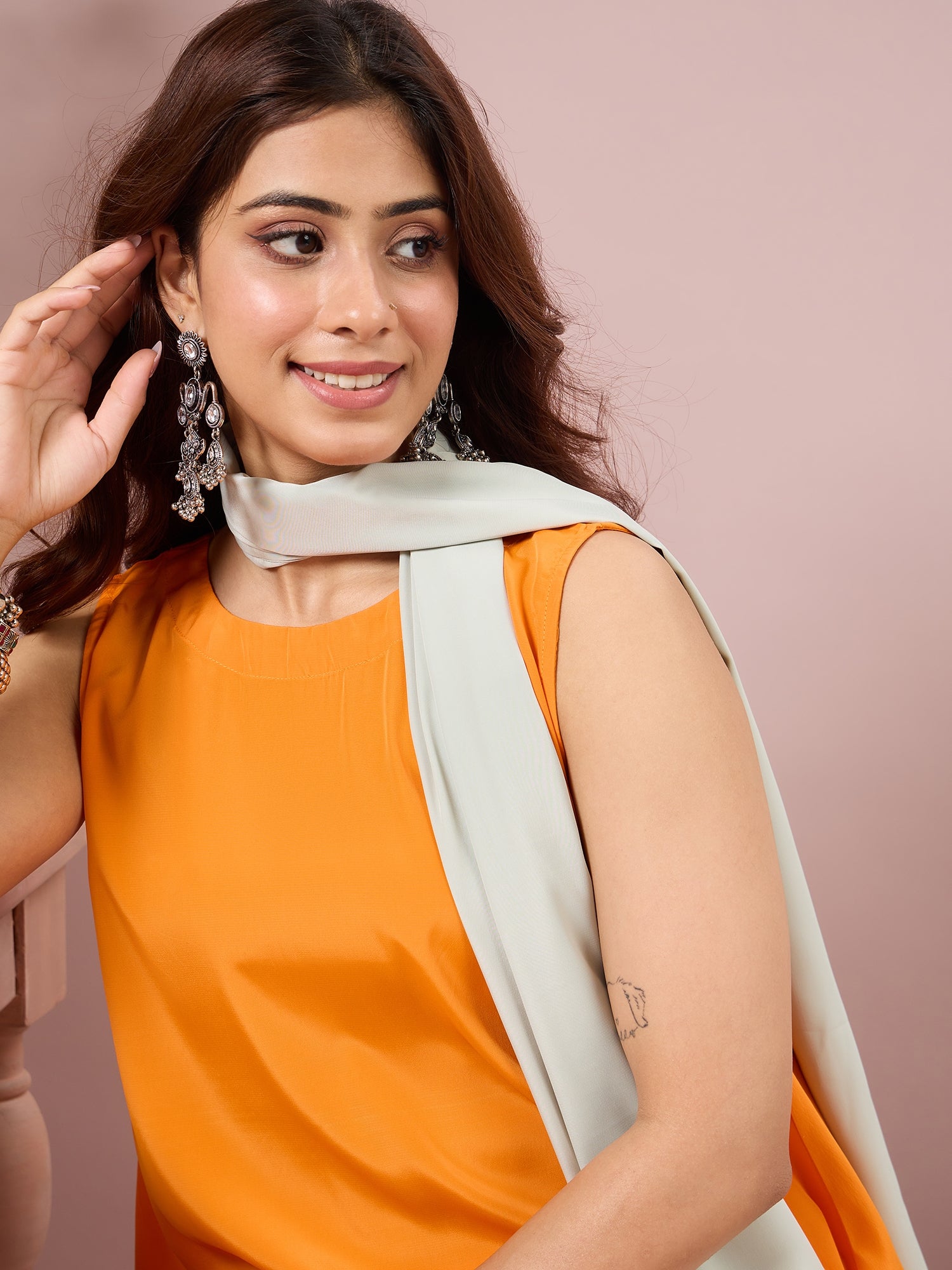 Orange Crepe Coord Mint Stole Set (To be dispatched in 7 -10 days)
