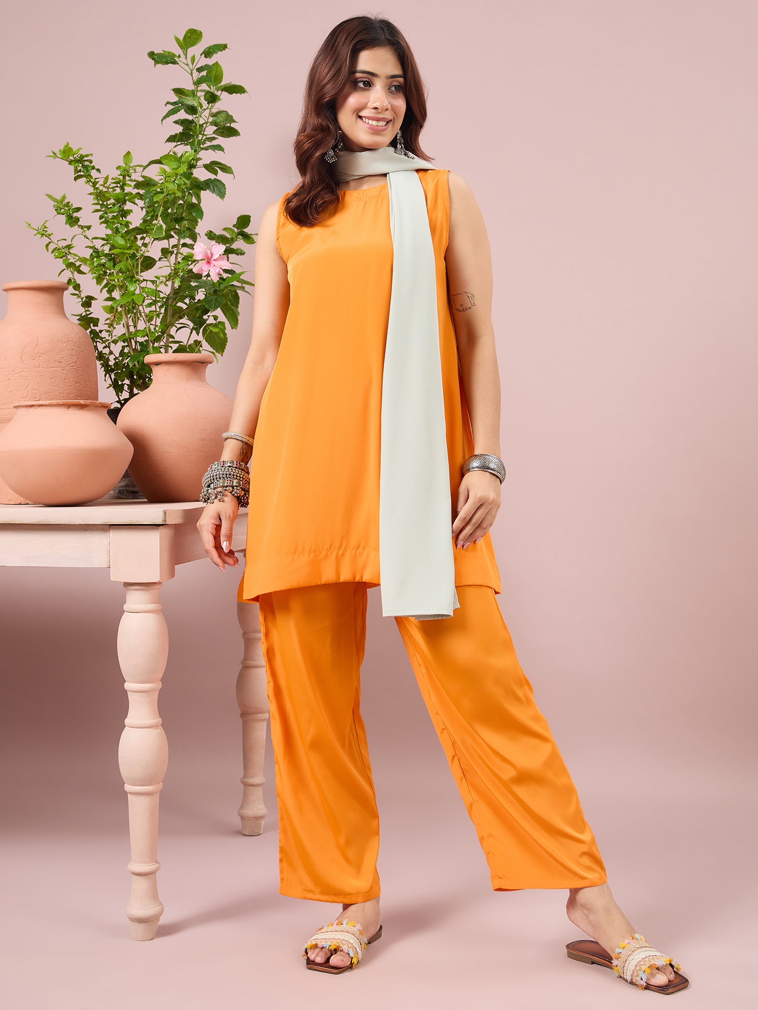 Orange Crepe Coord Mint Stole Set (To be dispatched in 7 -10 days)