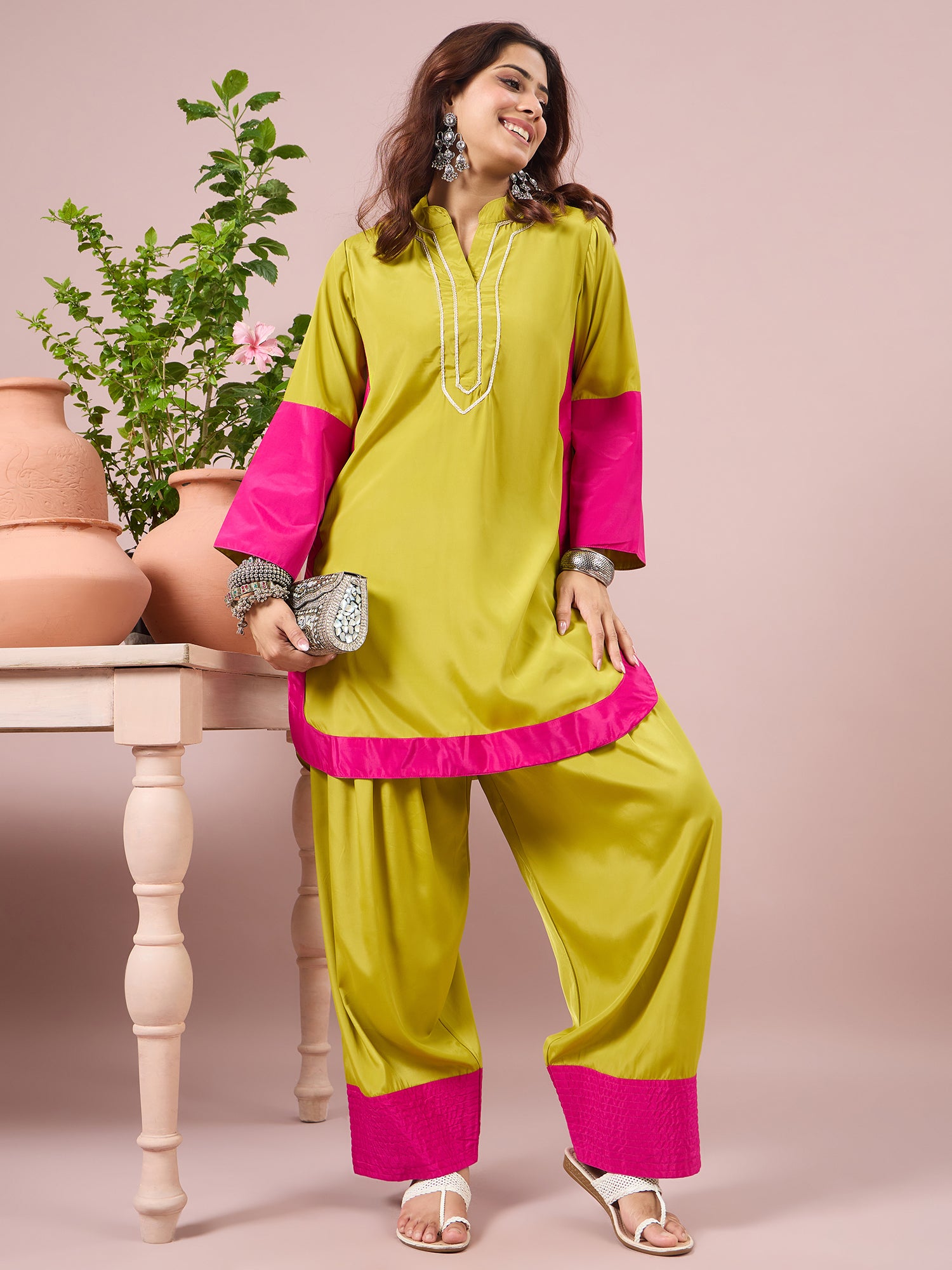 Lime Contrast Kurta Salwar Set (To be dispatched in 7 -10 days)