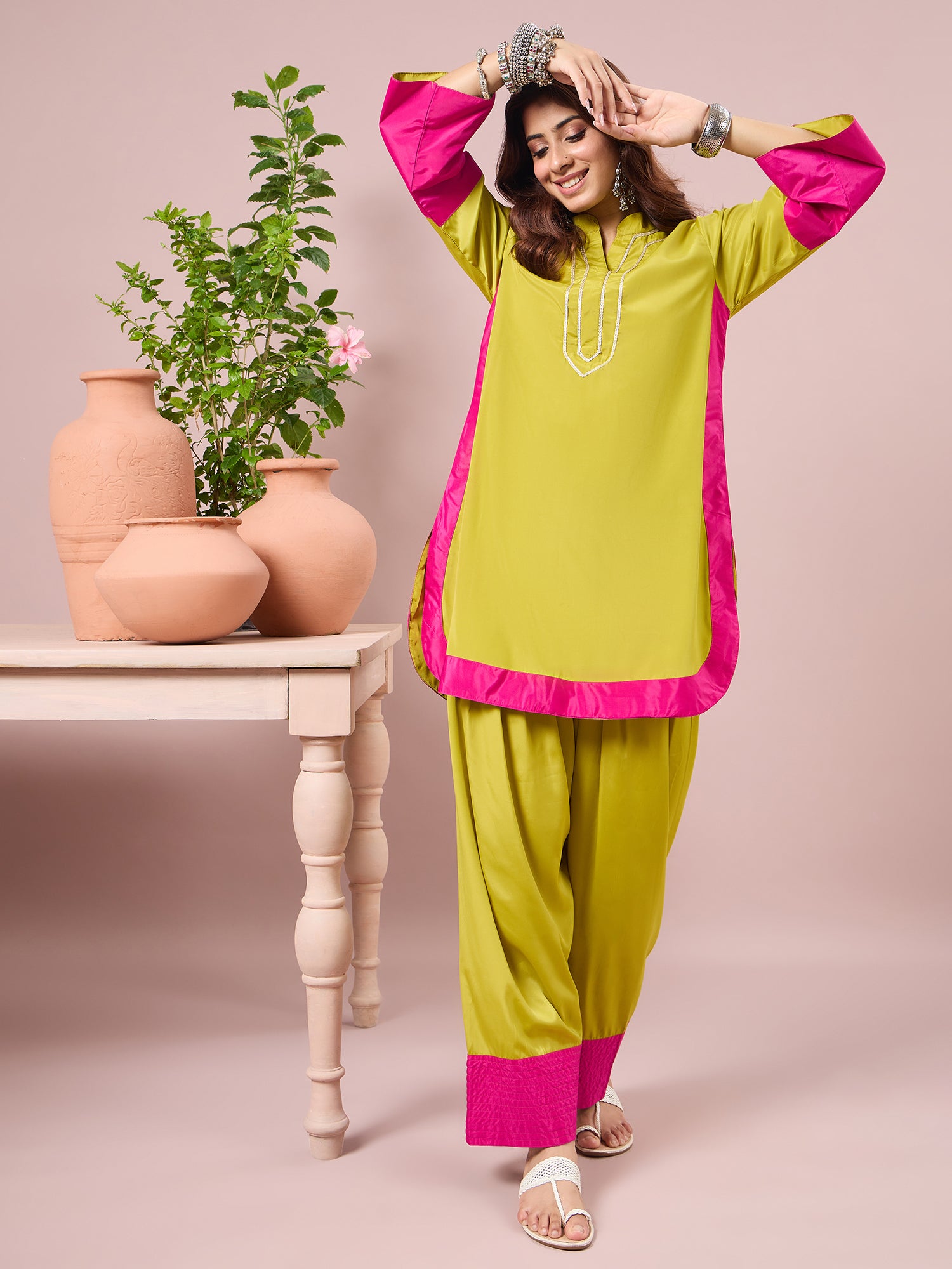 Lime Contrast Kurta Salwar Set (To be dispatched in 7 -10 days)