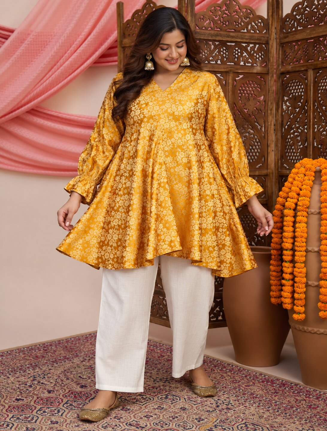 Mustard Kurta White Pant Set