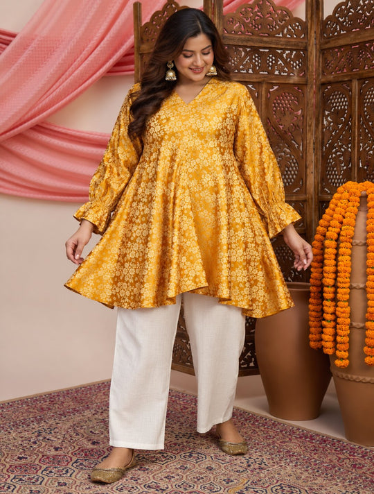 Mustard Kurta White Pant Set