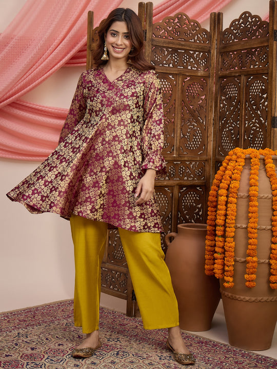 Wine Kurta Yellow Pant Set (To be dispatched in 7 -10 days)