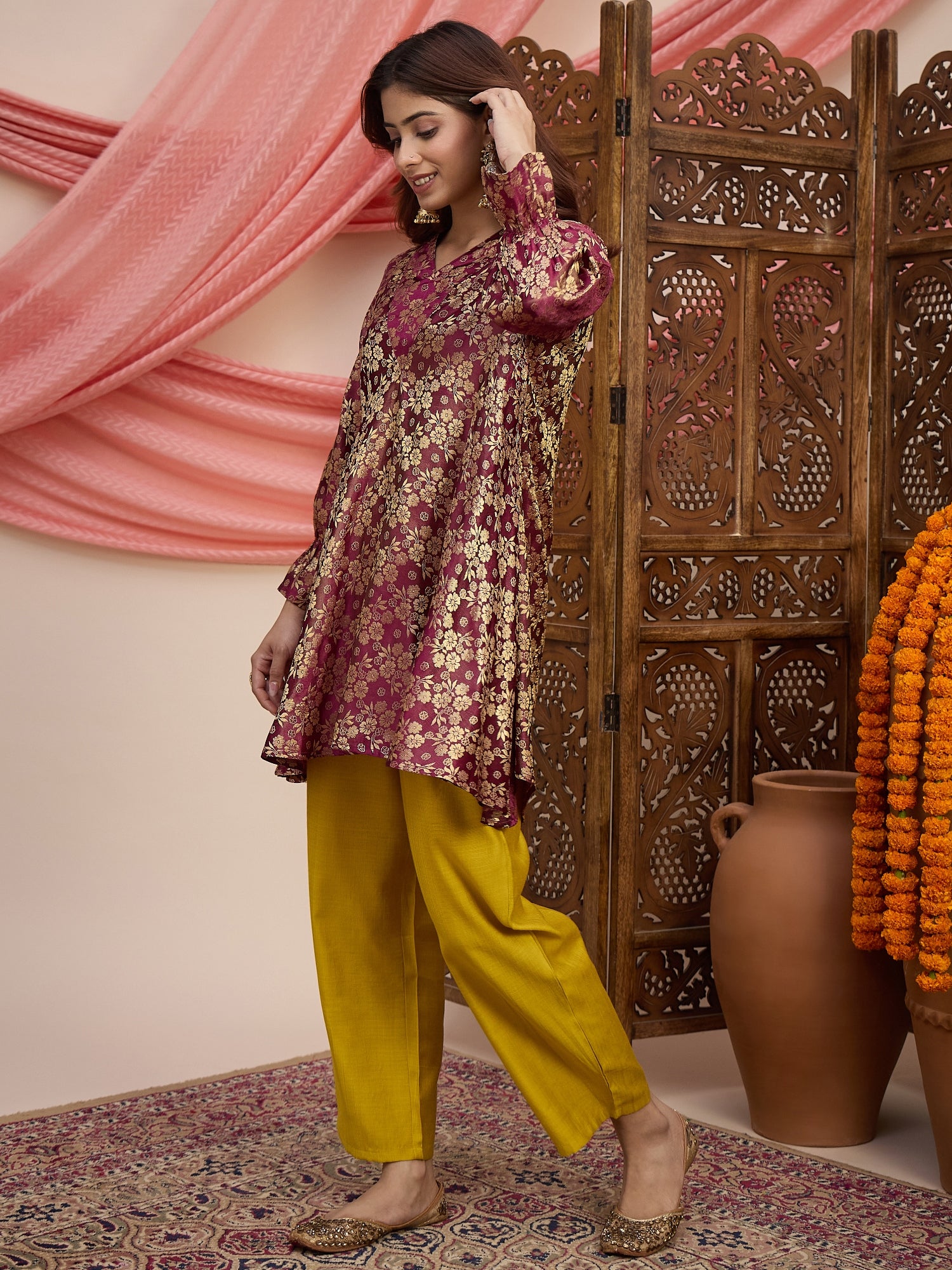 Wine Kurta Yellow Pant Set (To be dispatched in 7 -10 days)
