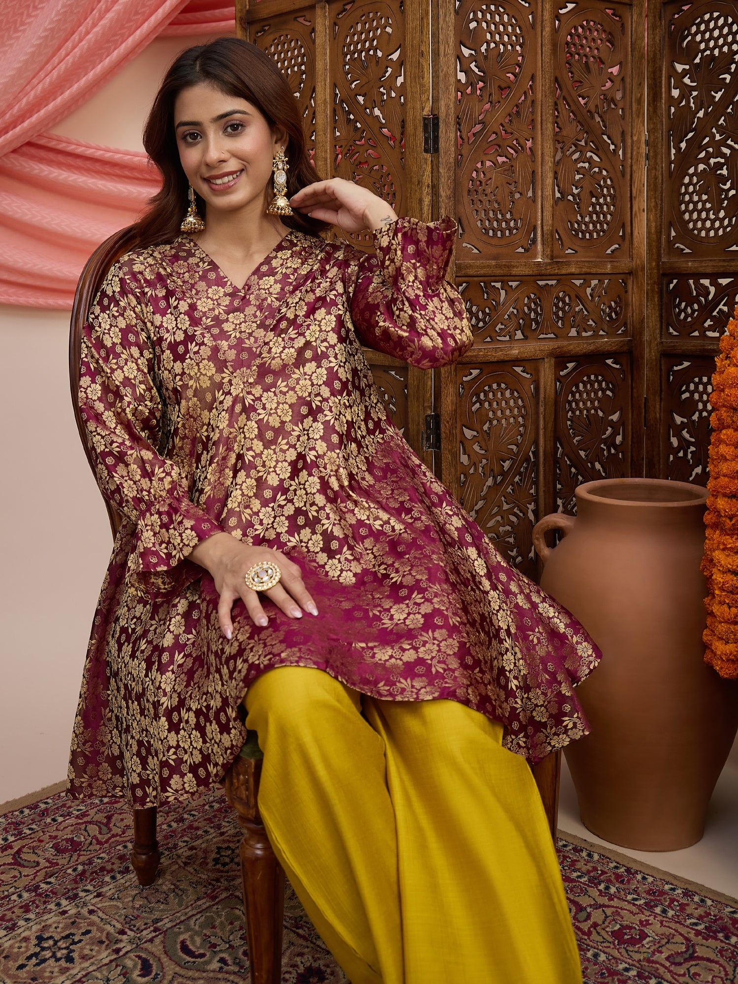 Wine Kurta Yellow Pant Set (To be dispatched in 7 -10 days)