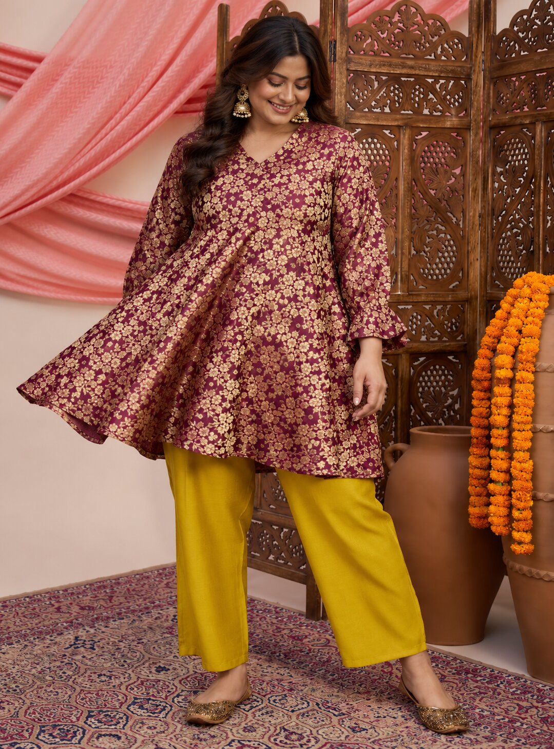 Wine Kurta Yellow Pant Set