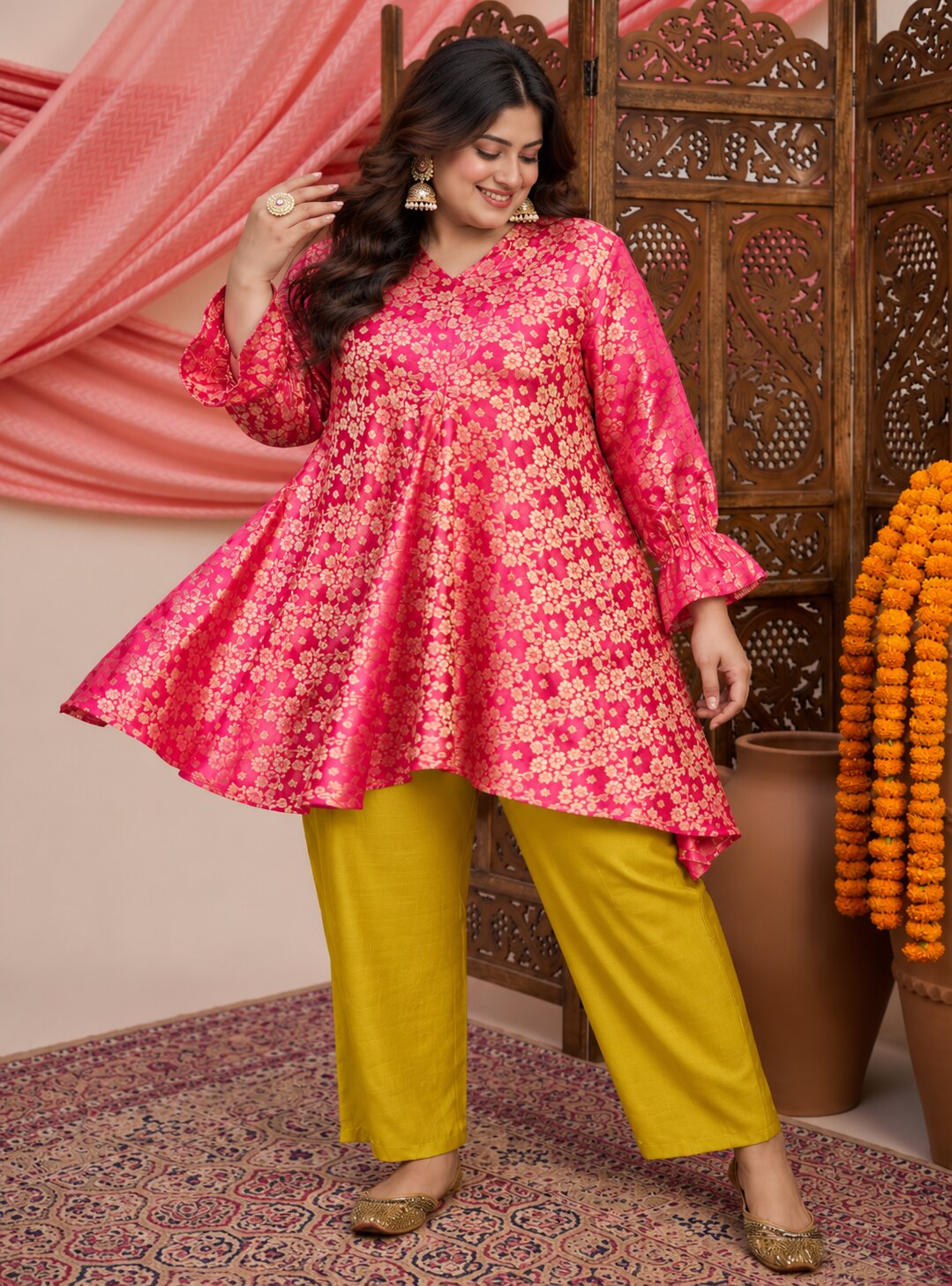 Pink Kurta Yellow Pant Set