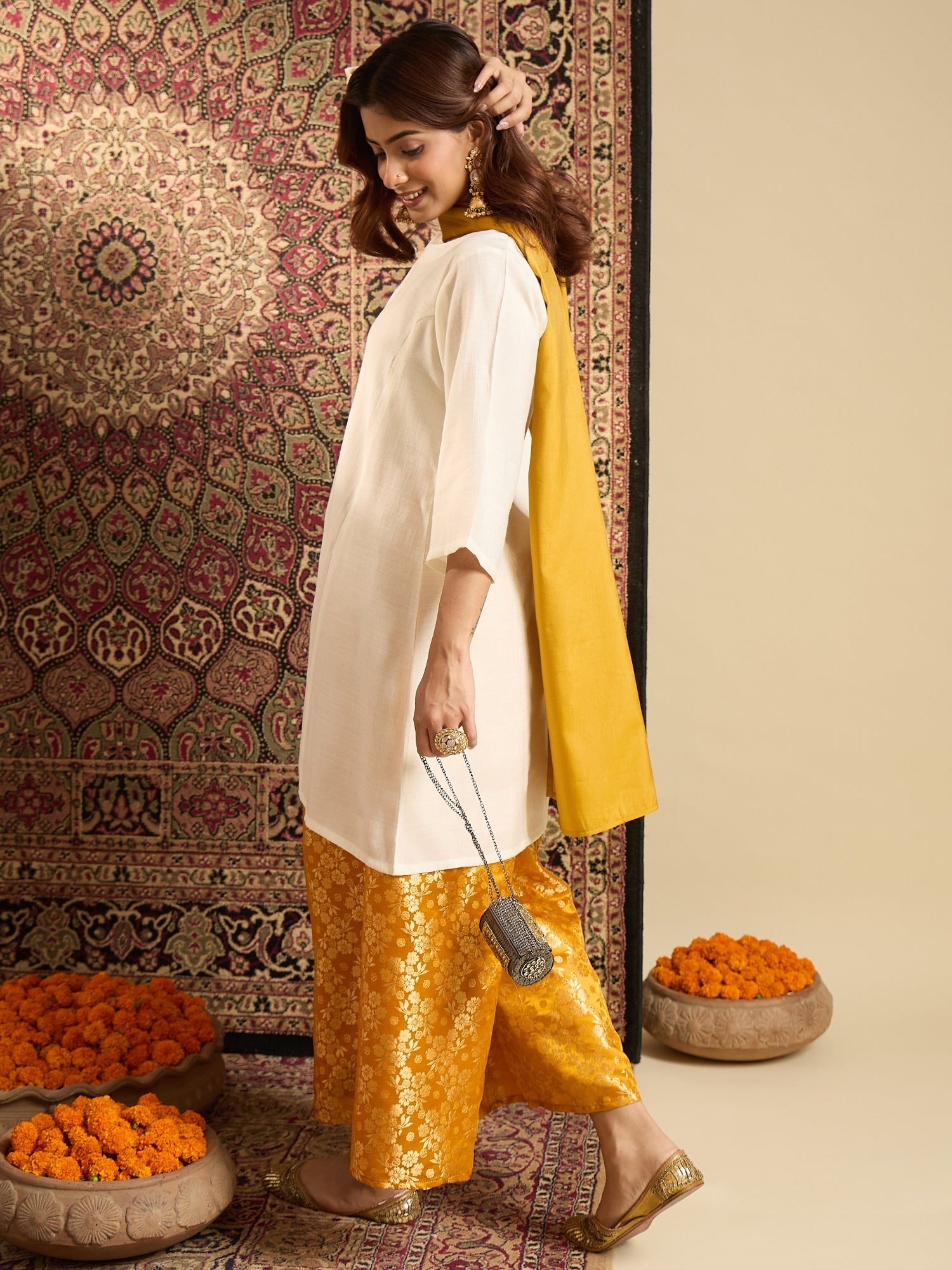 White Kurta Mustard Stole Set (To be dispatched in 7 -10 days)