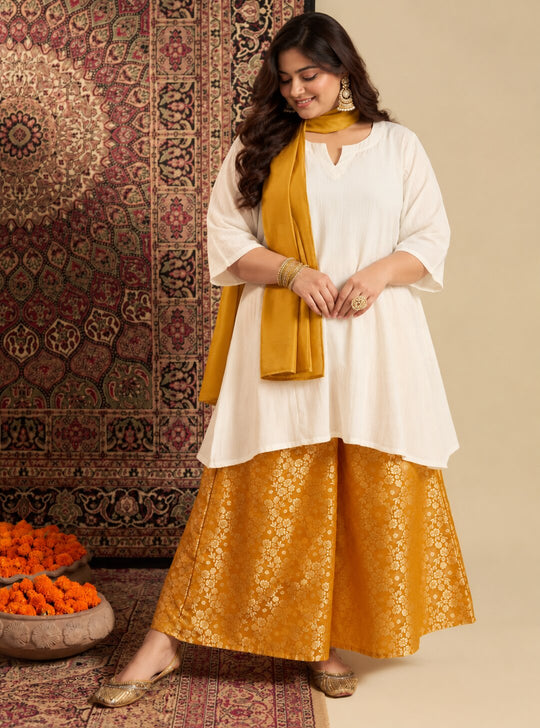 White Kurta Mustard Stole Set