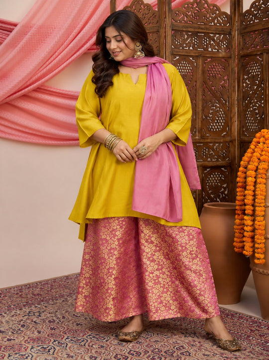 Yellow Kurta Pink Stole Set