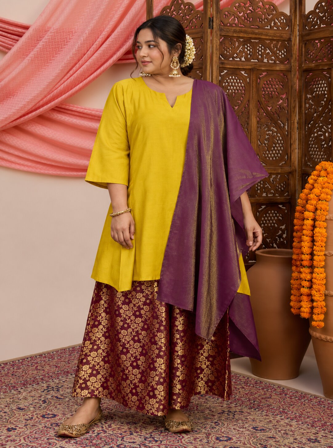 Yellow Kurta Wine Stole Set