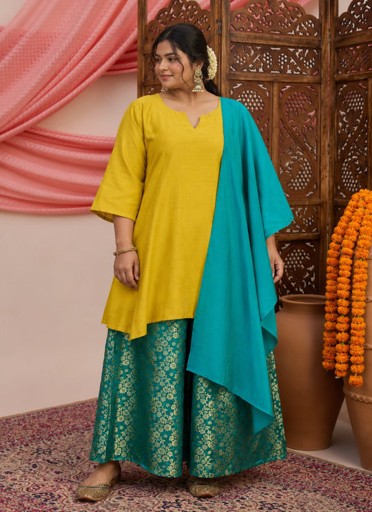 Yellow Kurta  Green Stole Set