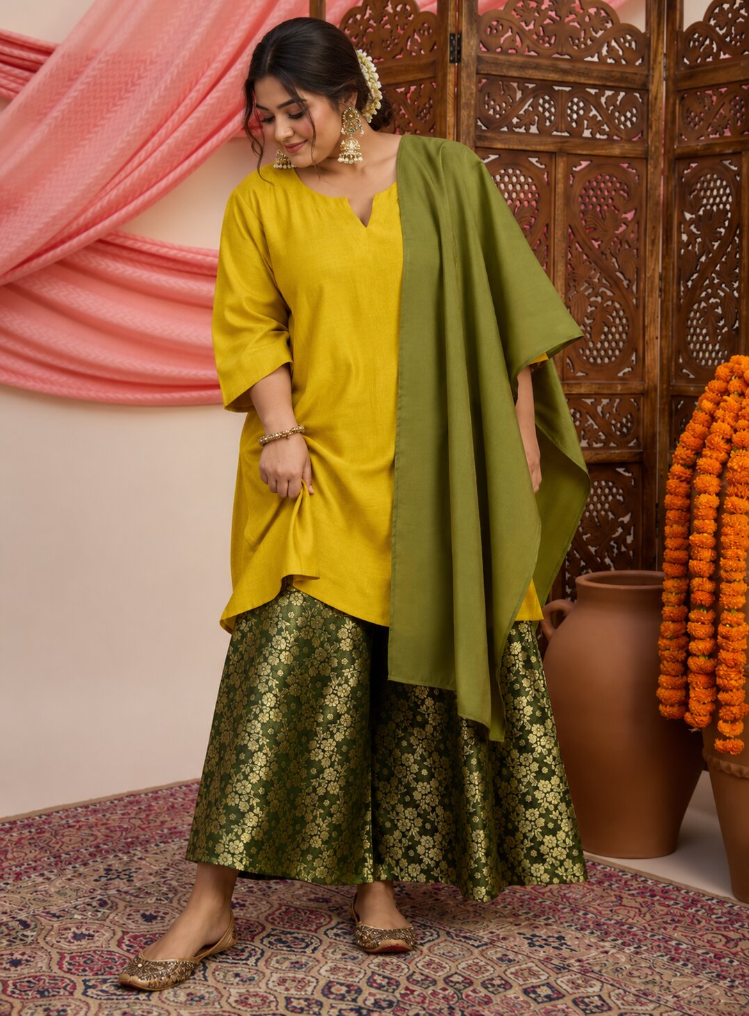 Yellow Kurta Olive Stole Set