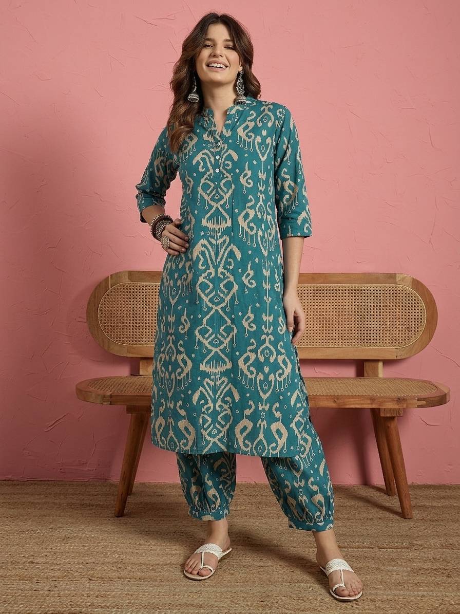 Teal Damask  Button Afghani Set (To be dispatched in 7 -10 days)